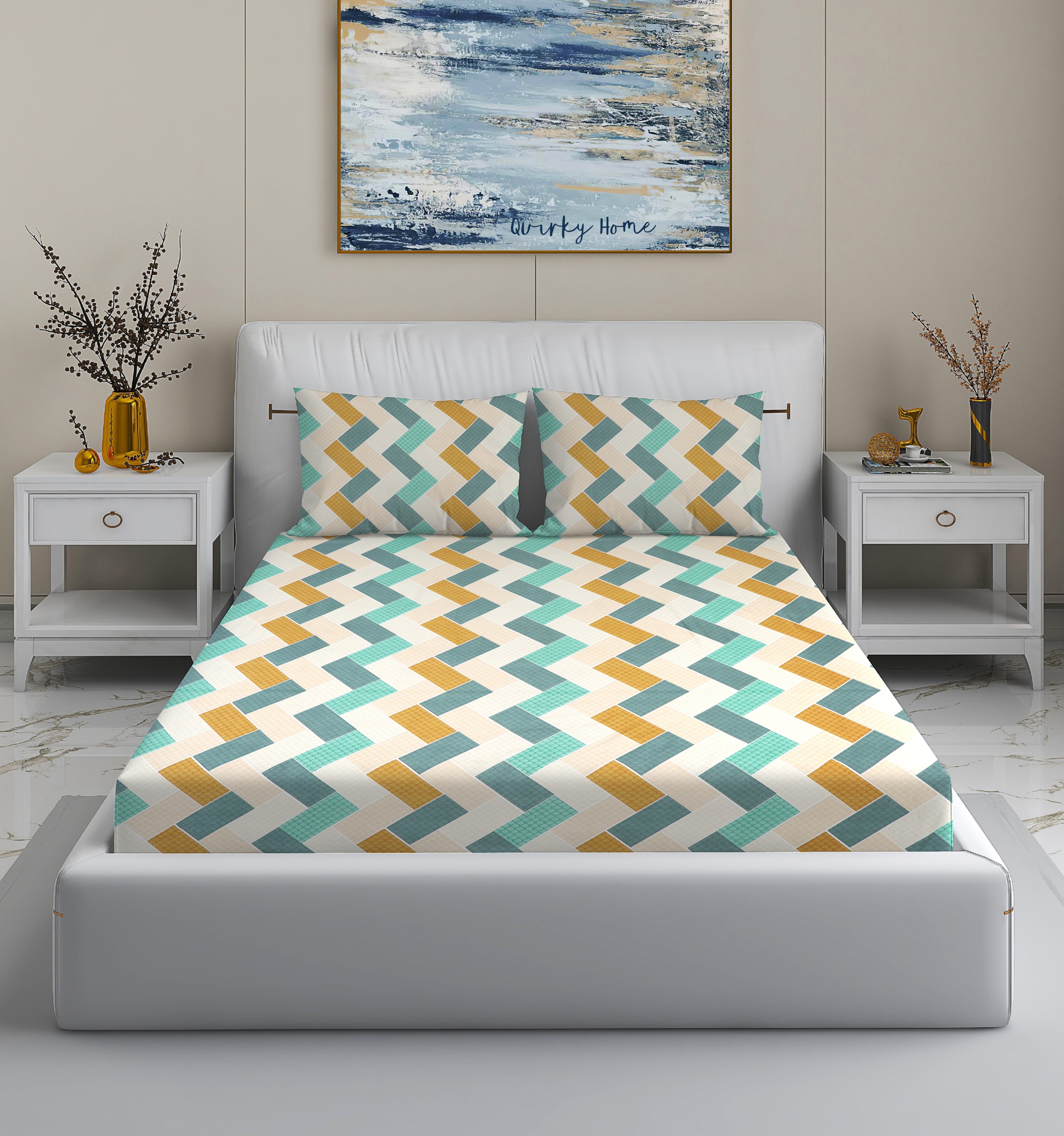 Rome Collection 220 TC King Bedsheet with 2 Pillow Covers | Multi Zig Zag