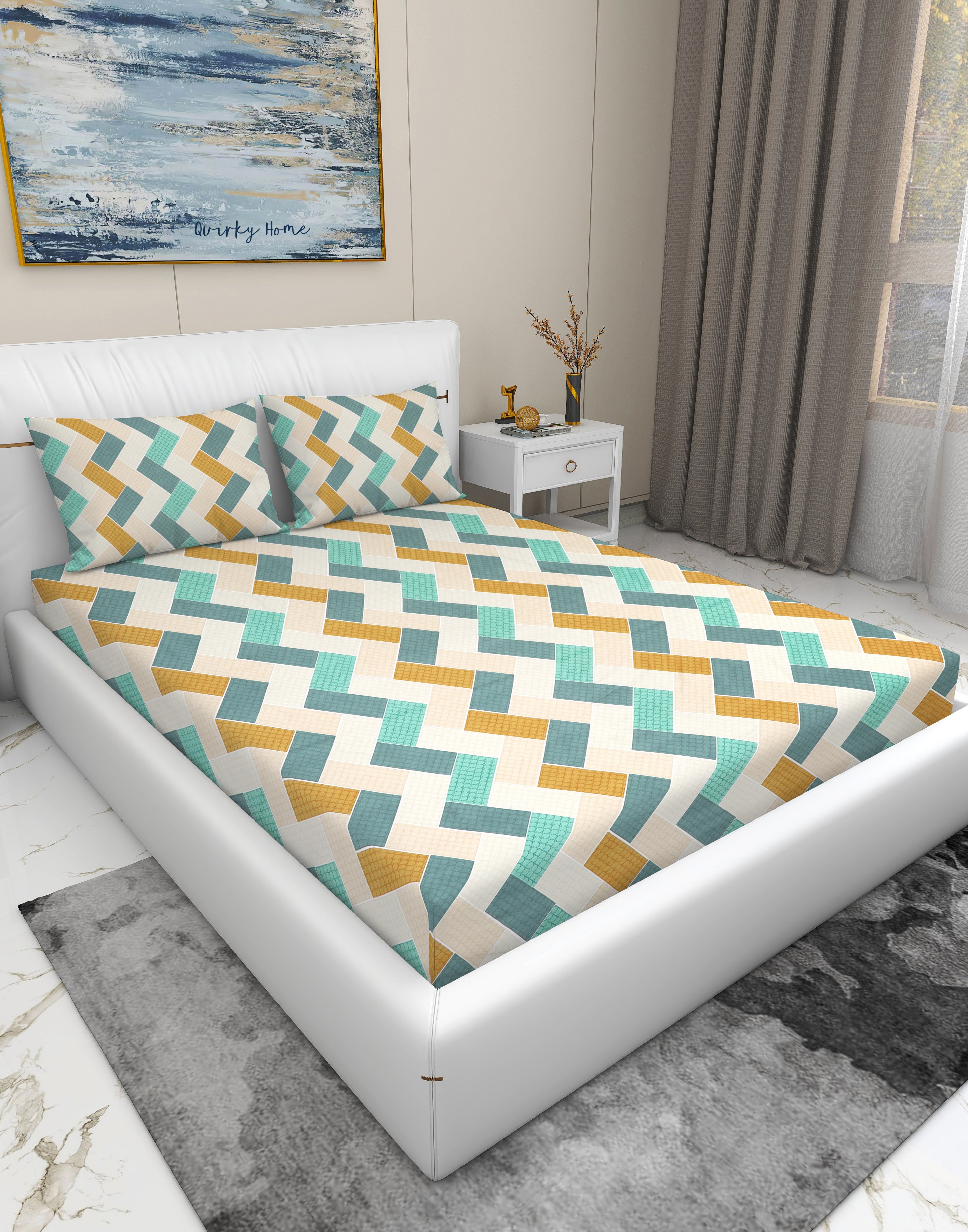 Rome Collection 220 TC King Bedsheet with 2 Pillow Covers | Multi Zig Zag