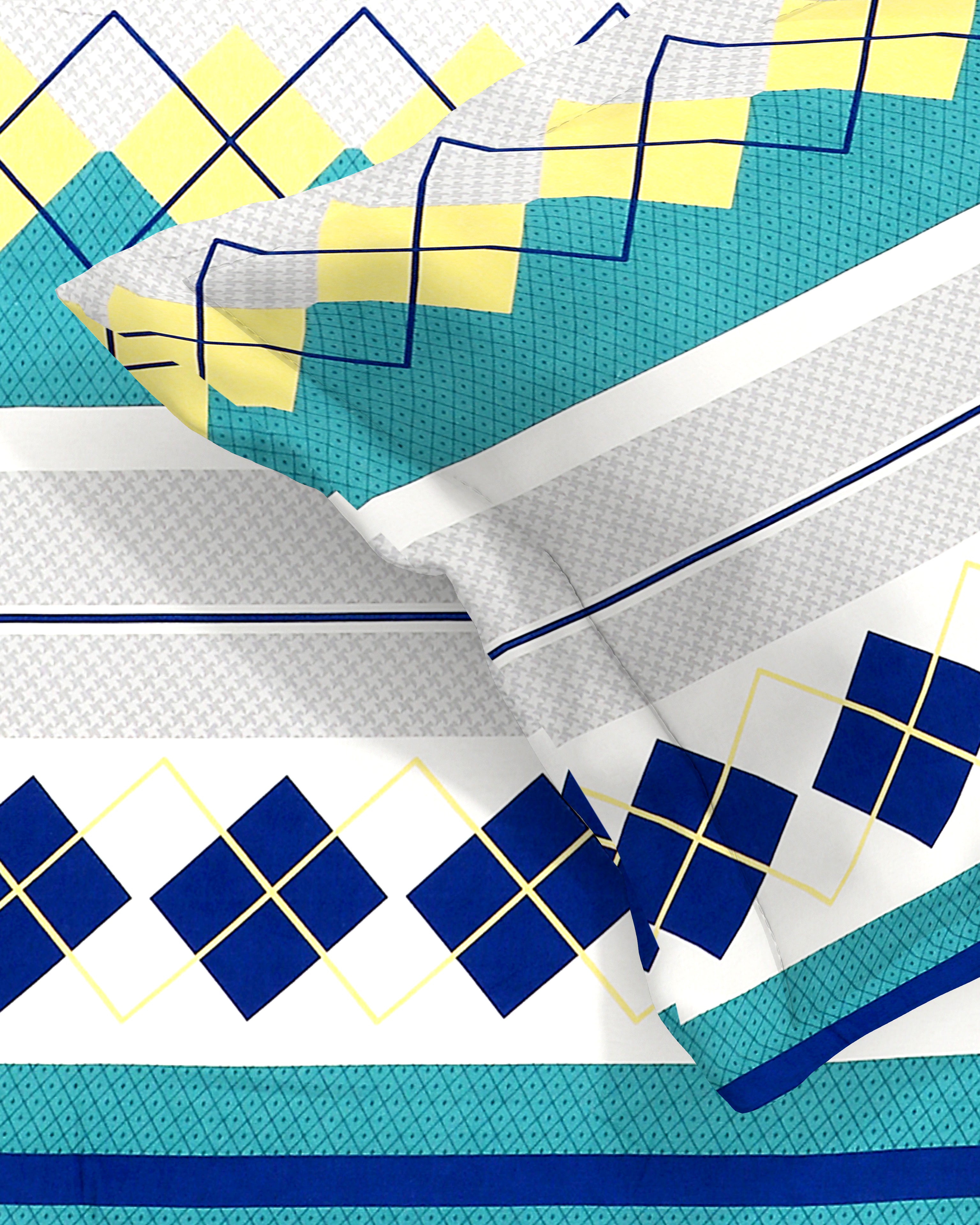 Rome Collection 220 TC Flat Single Bedsheet with 1 Pillow Cover | Blue Green Diamond