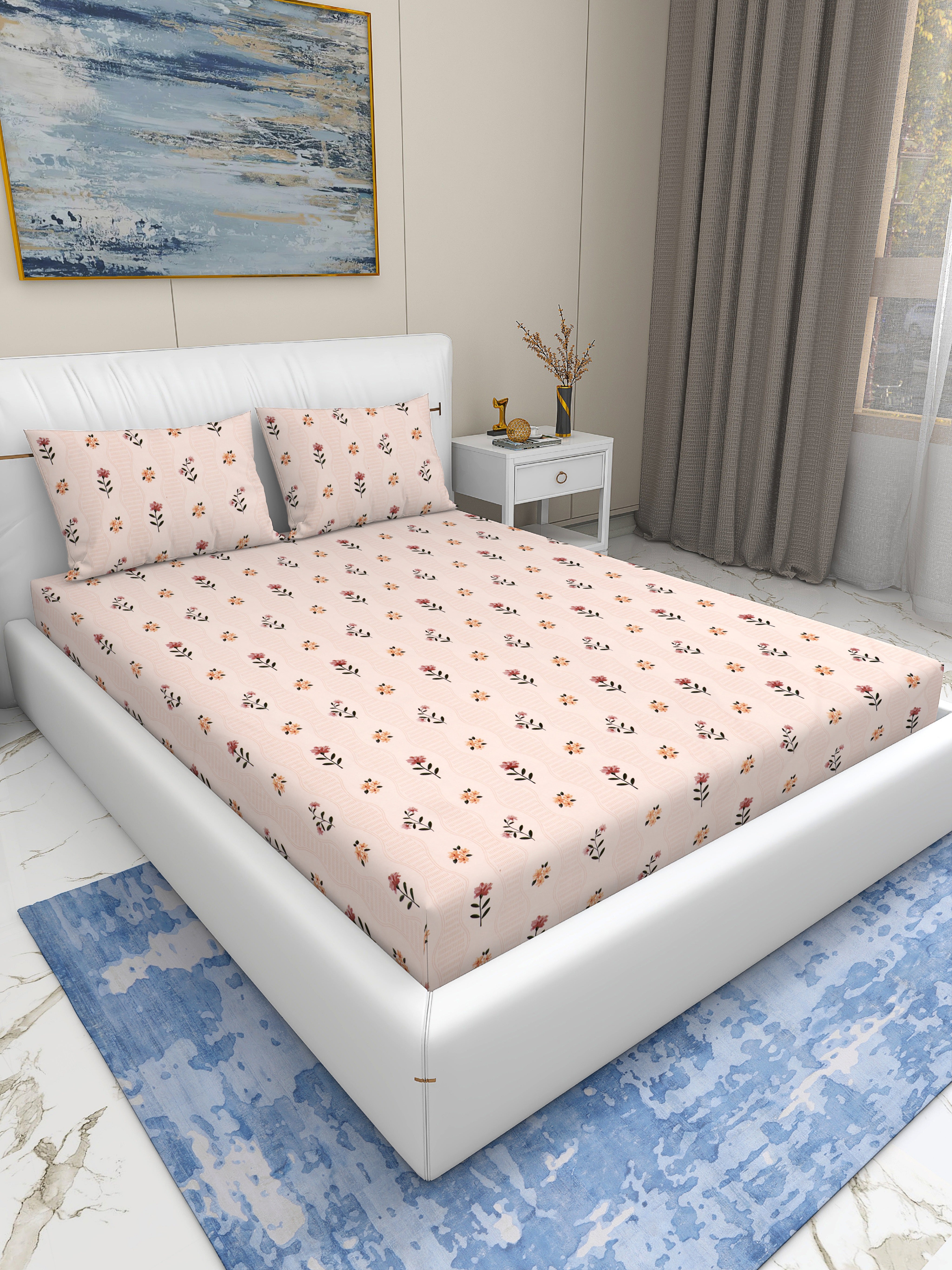 Rome Collection 220 TC Fitted Double Bedsheet with 2 Pillow Covers | Pink Flower