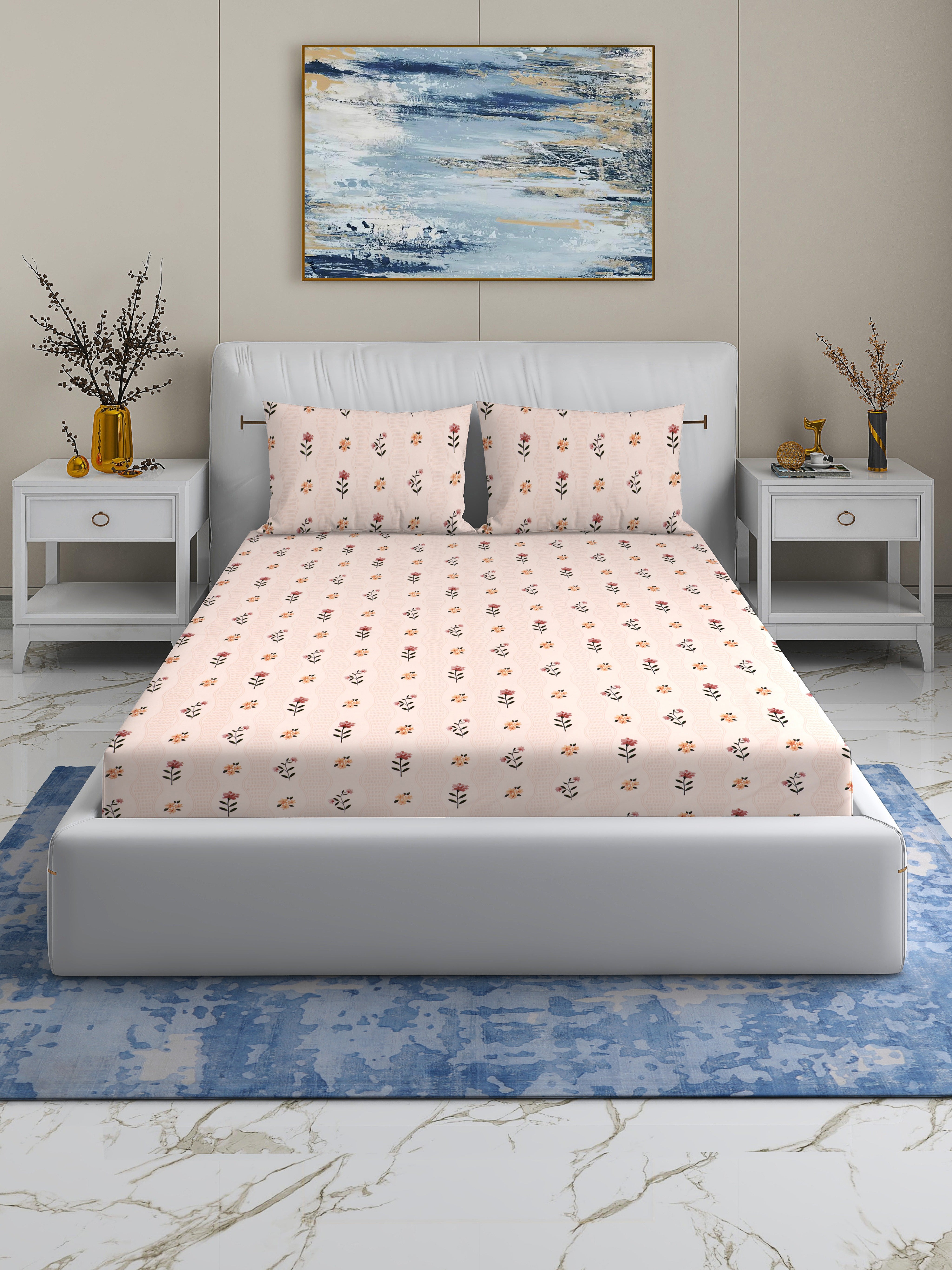 Rome Collection 220 TC Fitted Double Bedsheet with 2 Pillow Covers | Pink Flower