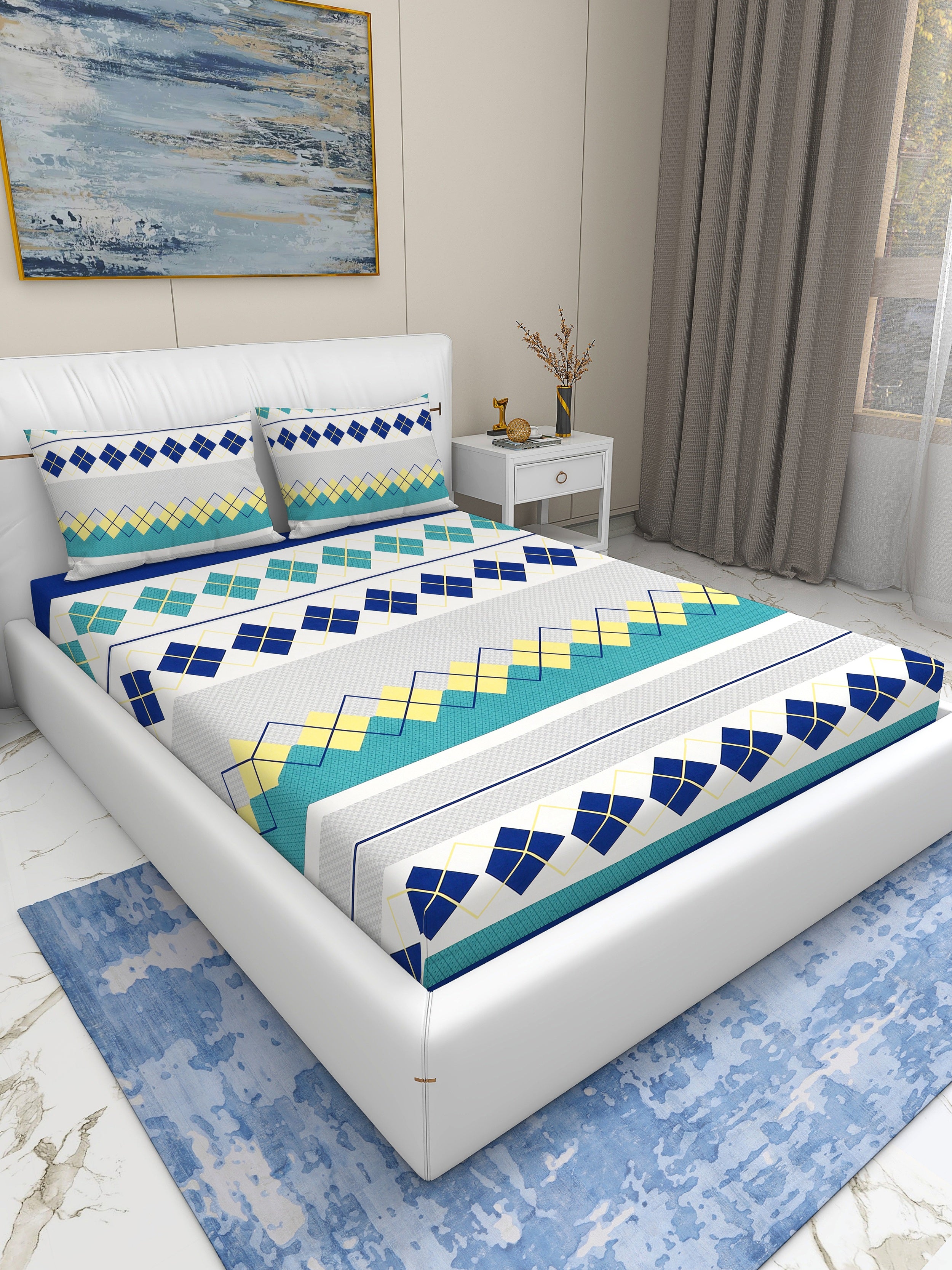 Rome Collection 220 TC Fitted Queen Bedsheet with 2 Pillow Covers | Blue Green Diamond