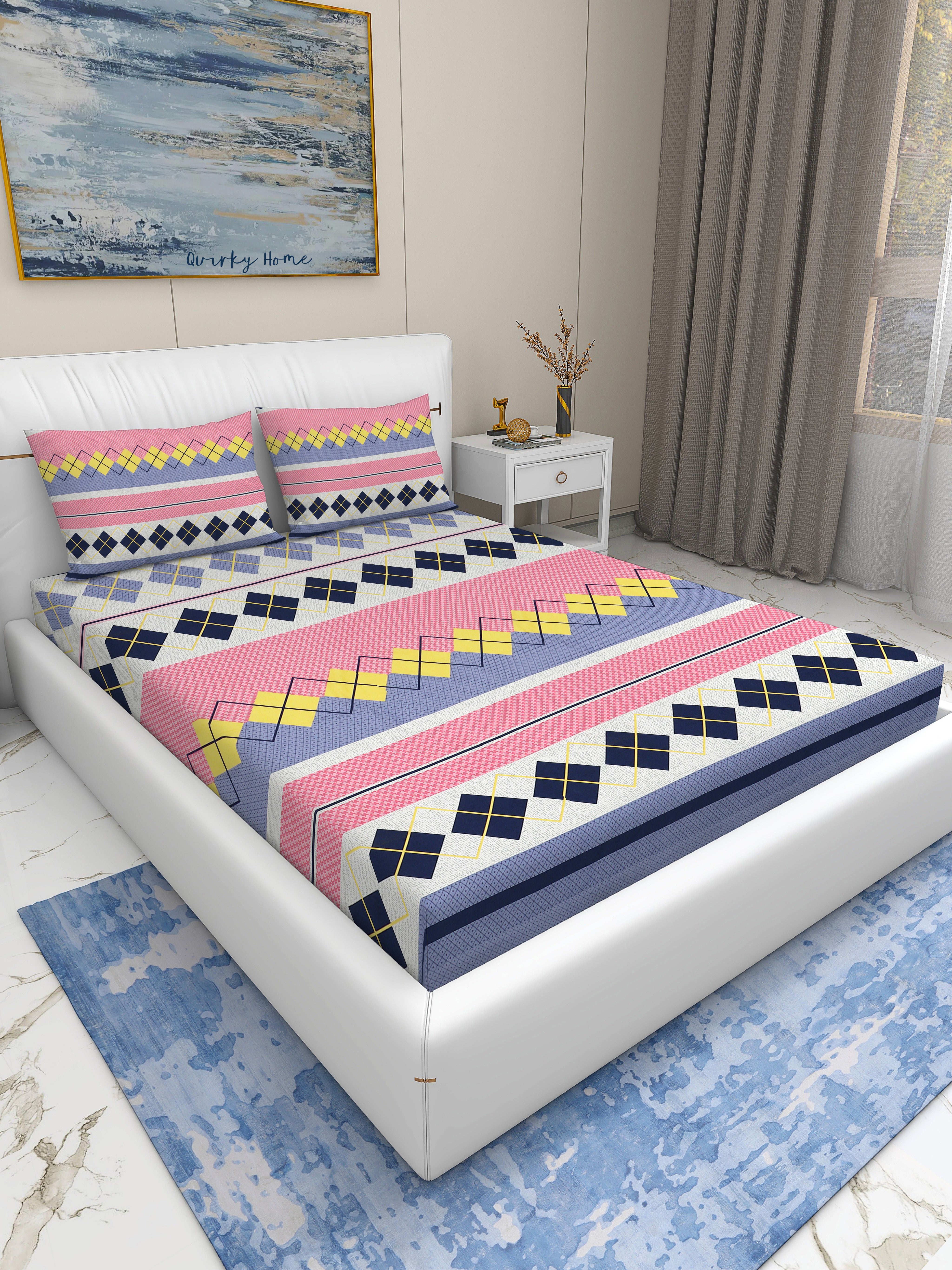 Rome Collection 220 TC Fitted Queen Bedsheet with 2 Pillow Covers | Pink Blue Diamond