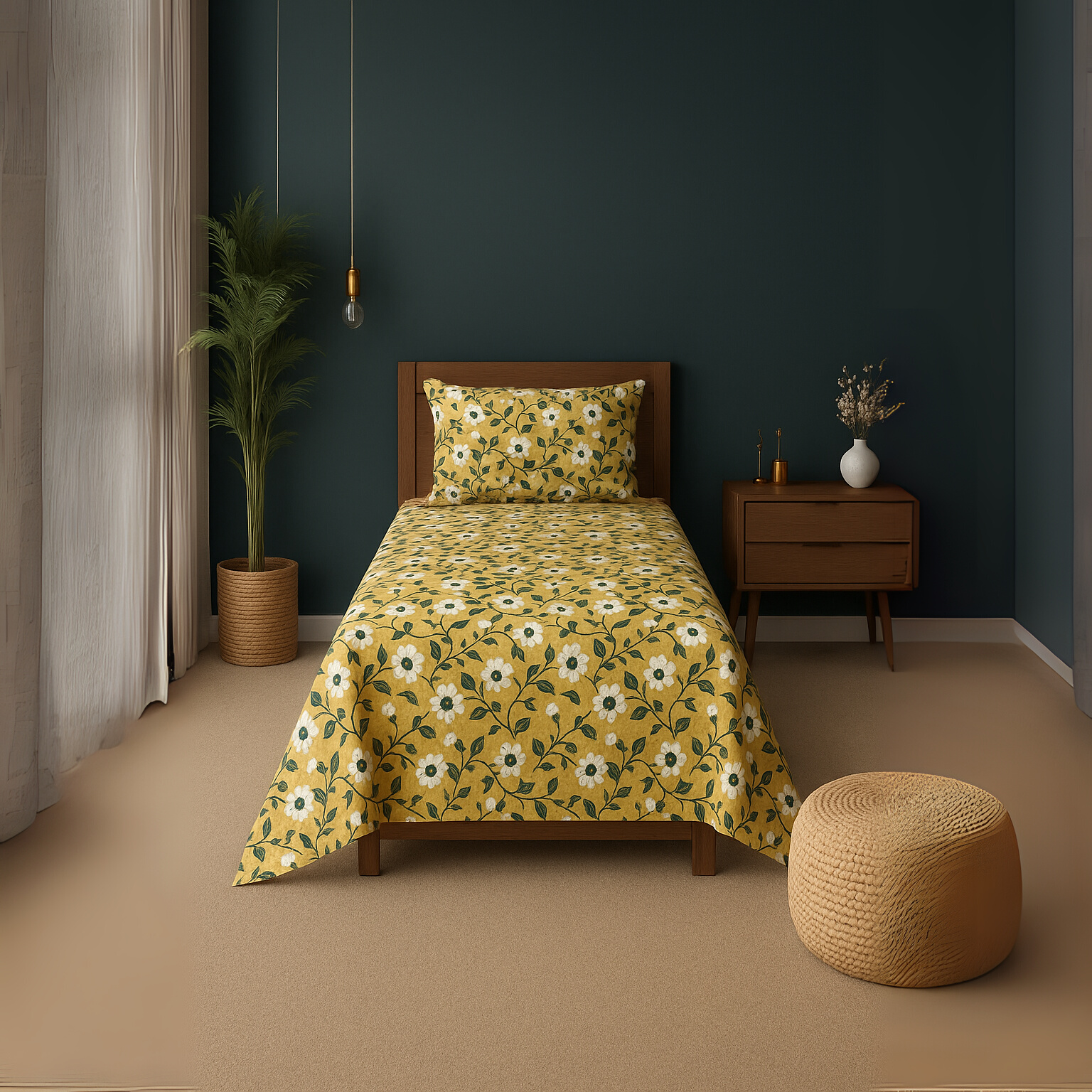 Duke Collection Cotton Blend Single Bedsheet with 1 Pillow Cover | Green Floral