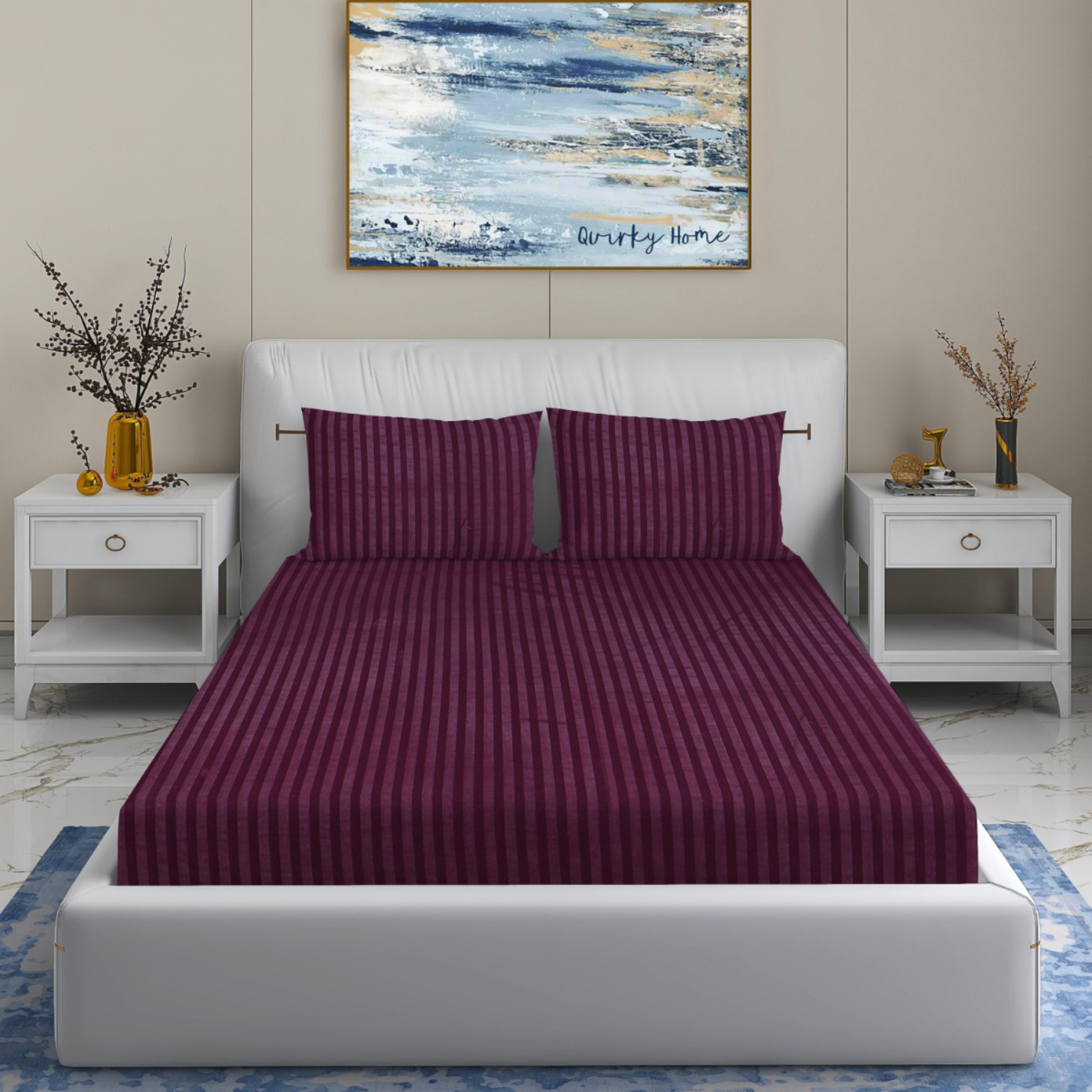 220 TC Queen Bedsheet with 2 Pillow Covers | Wine Stripes