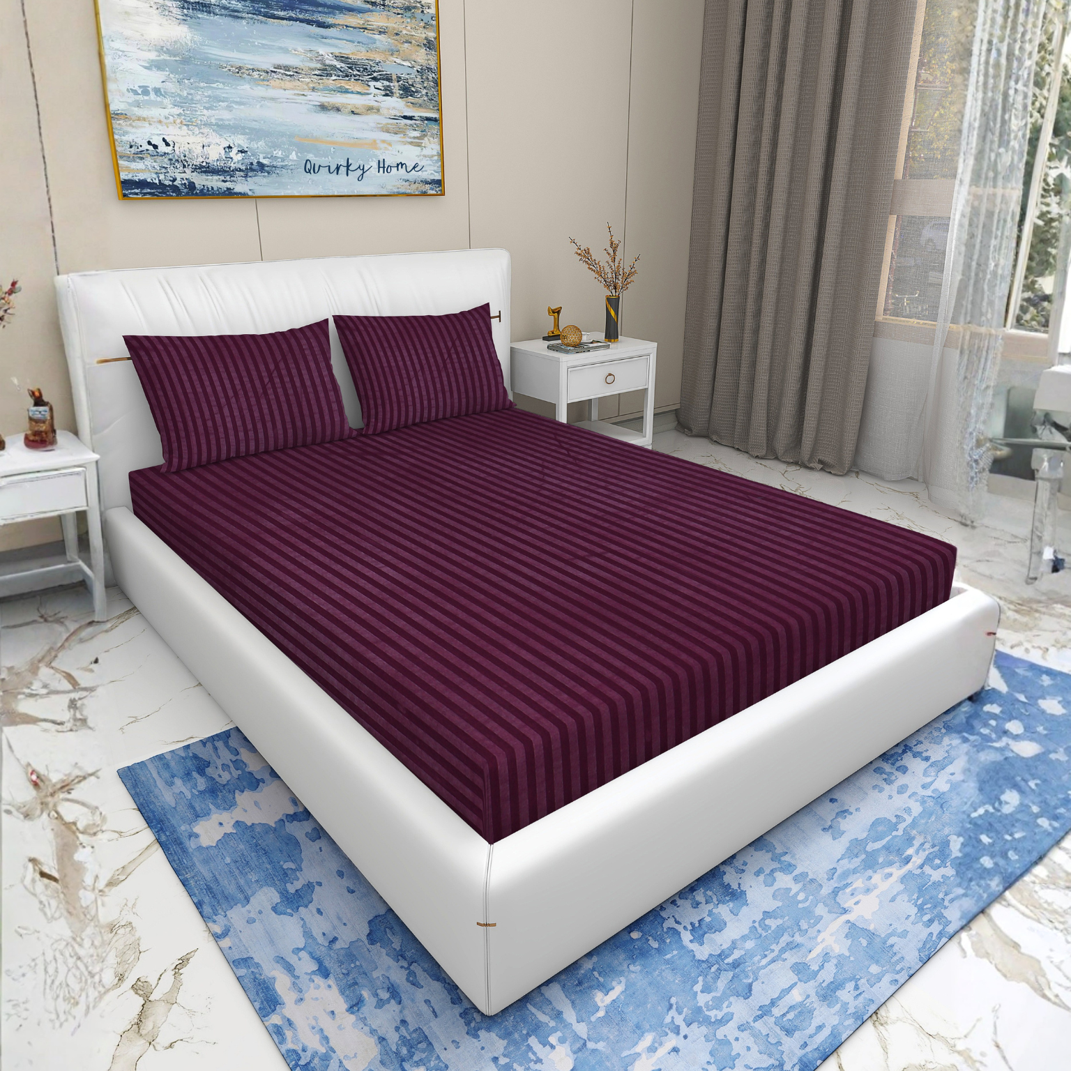 220 TC Queen Bedsheet with 2 Pillow Covers | Wine Stripes