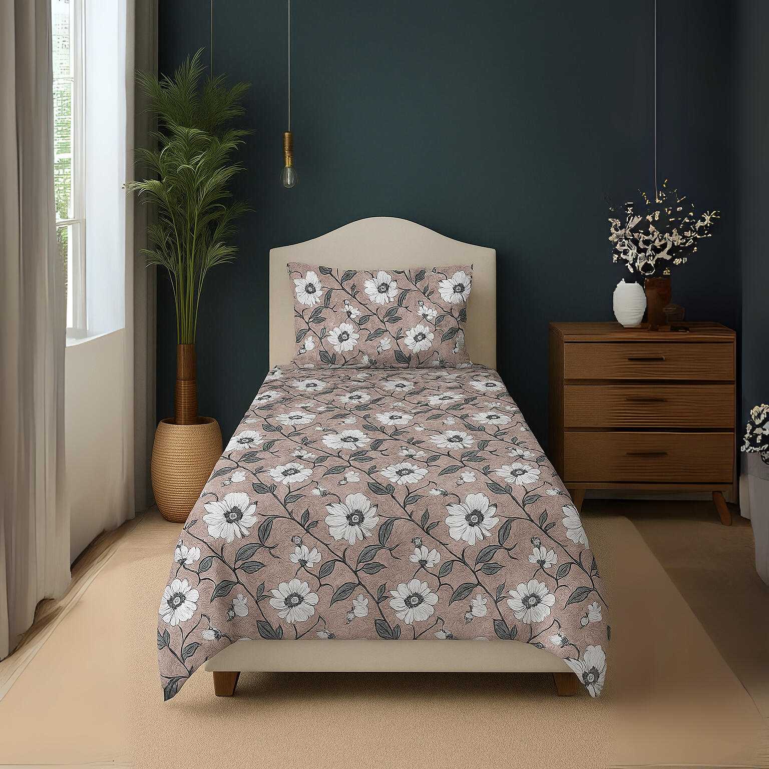 Duke Collection Cotton Blend Single Bedsheet with 1 Pillow Cover | Grey Floral