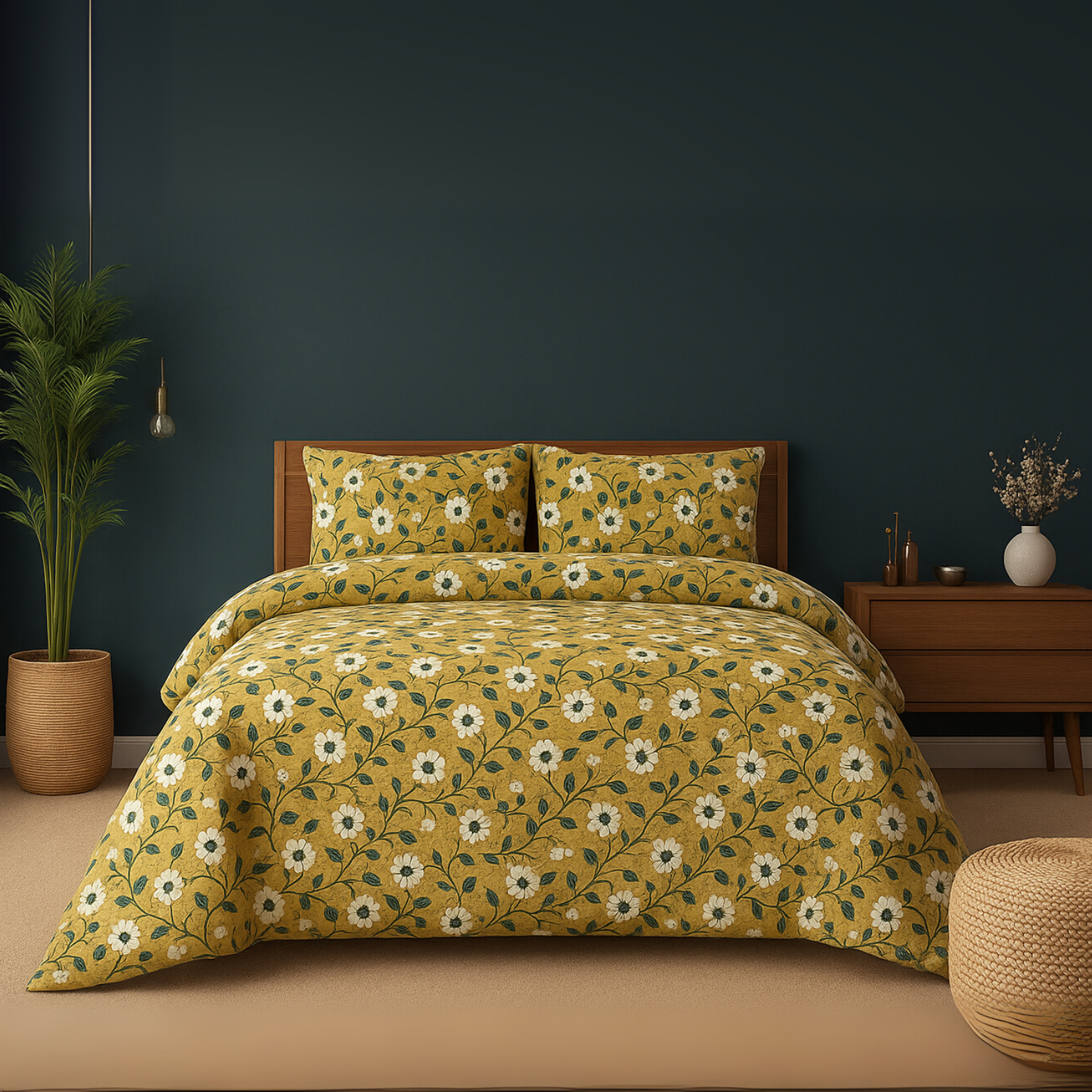 Duke Collection Cotton Blend Double Bedsheet with 2 Pillow Cover | Green Floral