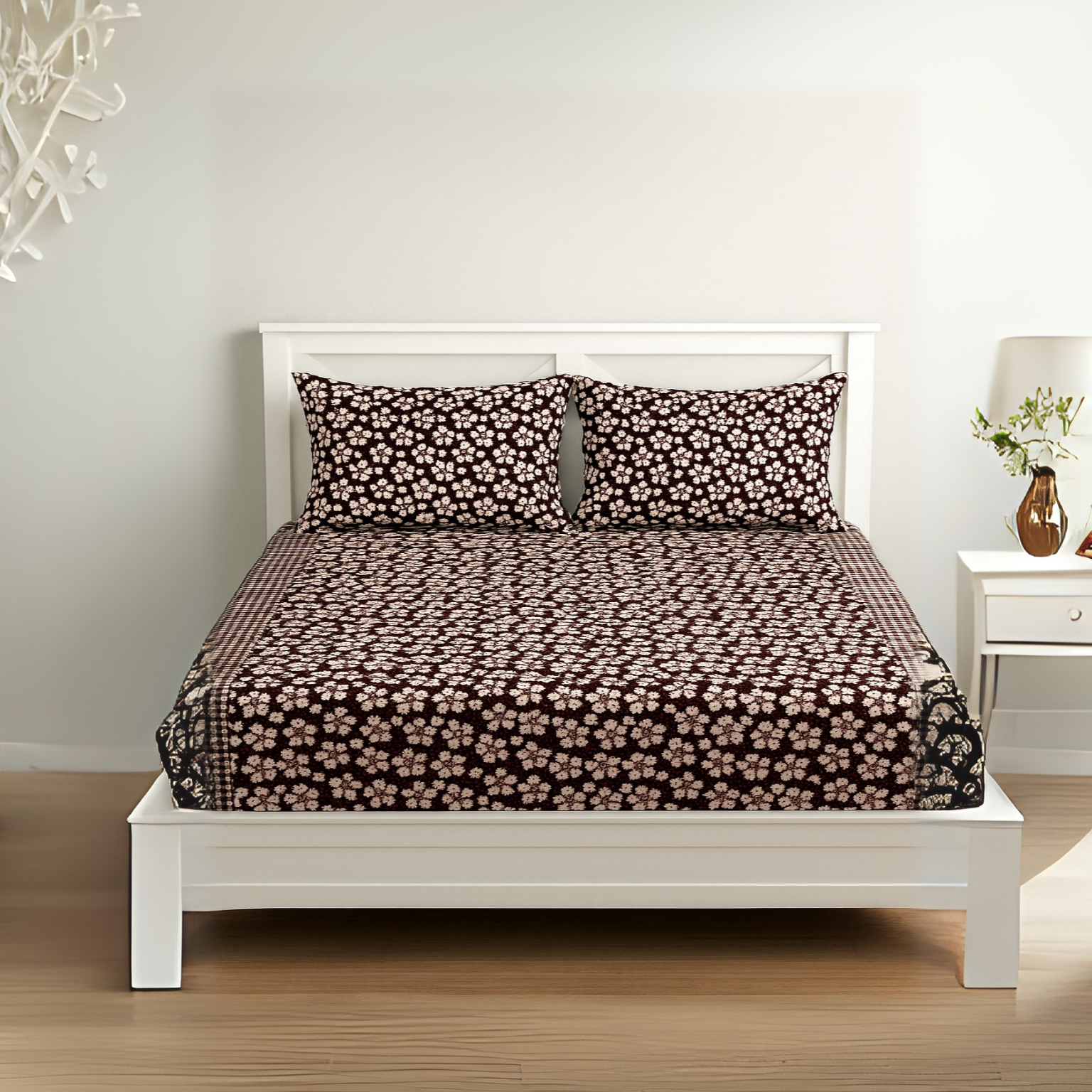 Duke Collection Cotton Blend Double Bedsheet with 2 Pillow Cover | Brown Flowers