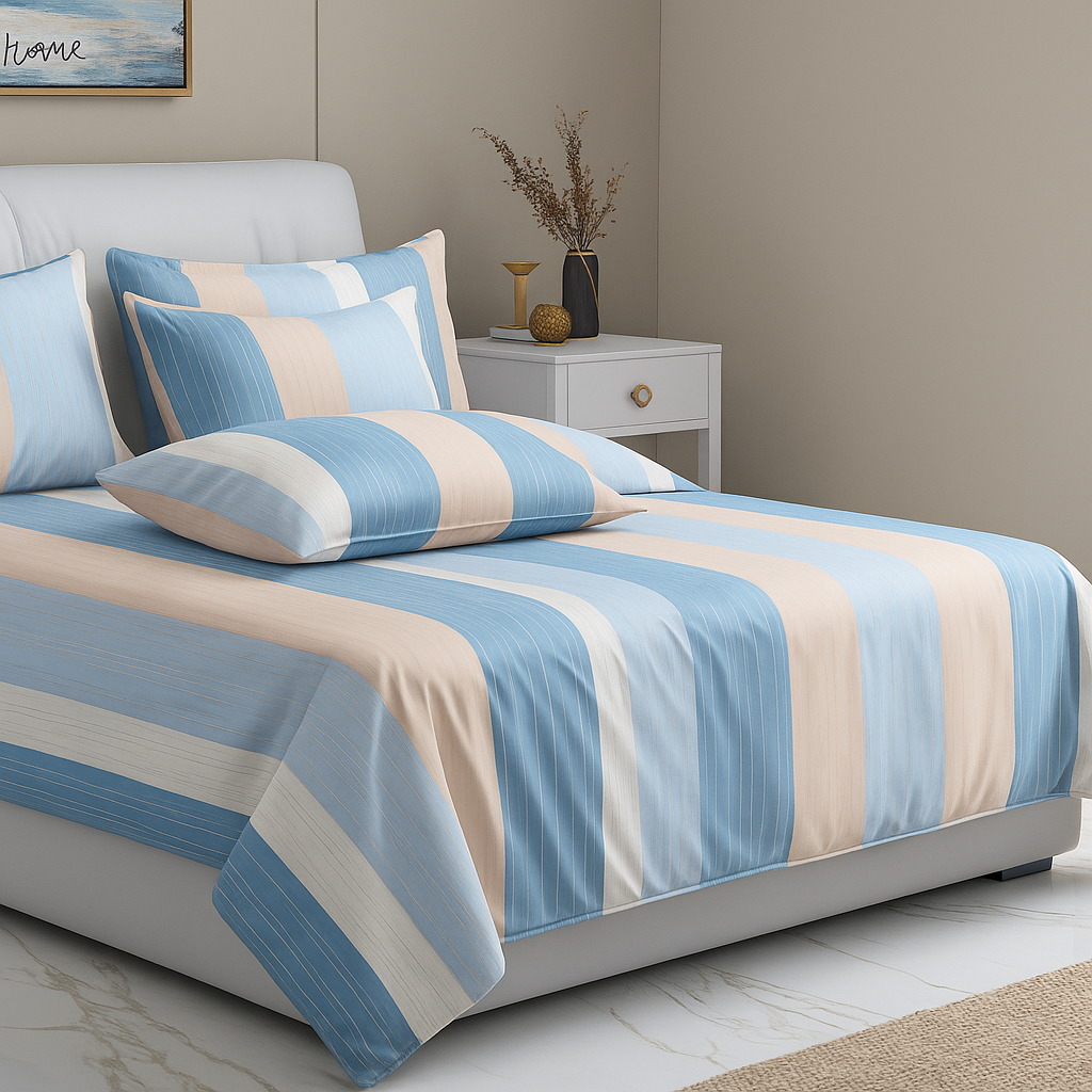 Rome Collection 240 TC Flat King Bedsheet with 2 Pillow Covers | Blue Zebra