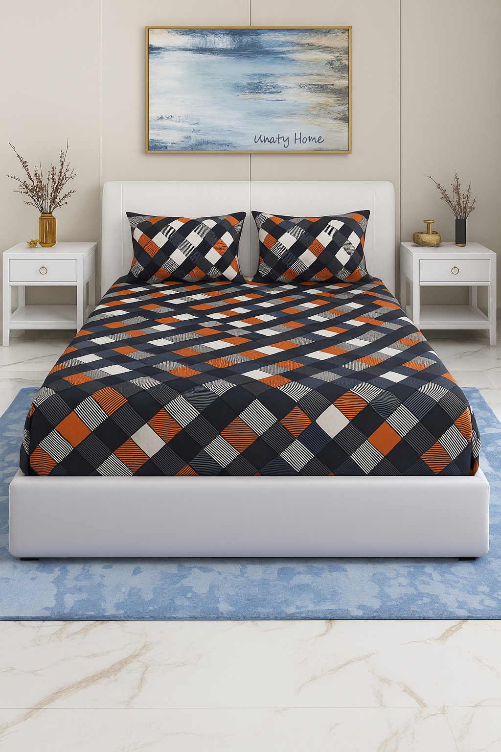 Classic Collection 144 TC Double Bedsheet | Orange Navy Squares