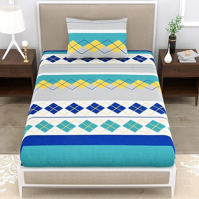 Rome Collection 220 TC Flat Single Bedsheet with 1 Pillow Cover | Blue Green Diamond