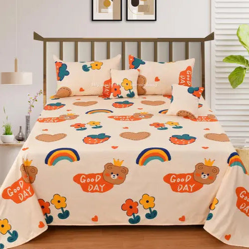 Kidzee Collection 180 TC Flat Queen Bedsheet with 2 Pillow Covers | Rainbows