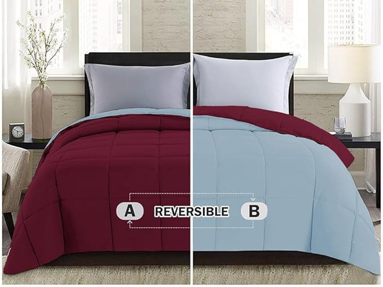 Solid Reversible Comforter | Microfiber Quilted | Red Blue