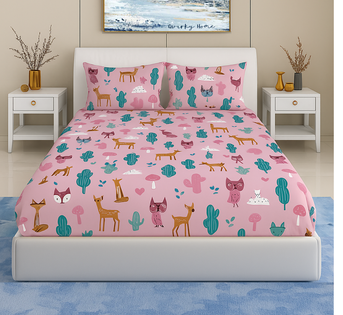Kidzee Collection 180 TC Flat Queen Bedsheet with 2 Pillow Covers | Pink