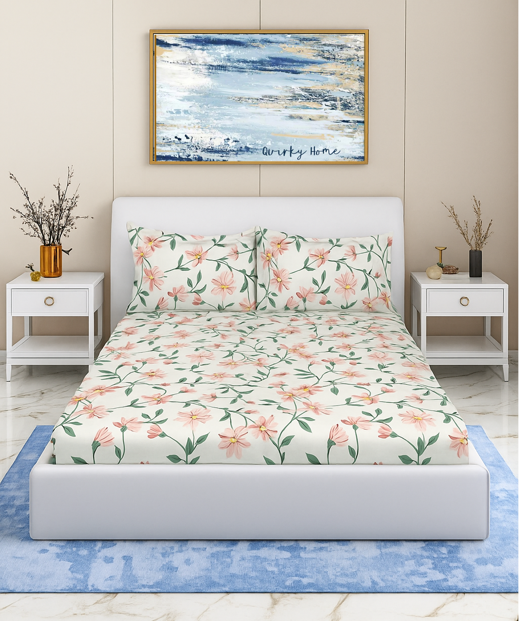 Coral Collection Double Bedsheet with 2 Pillow Covers | Off White Floral
