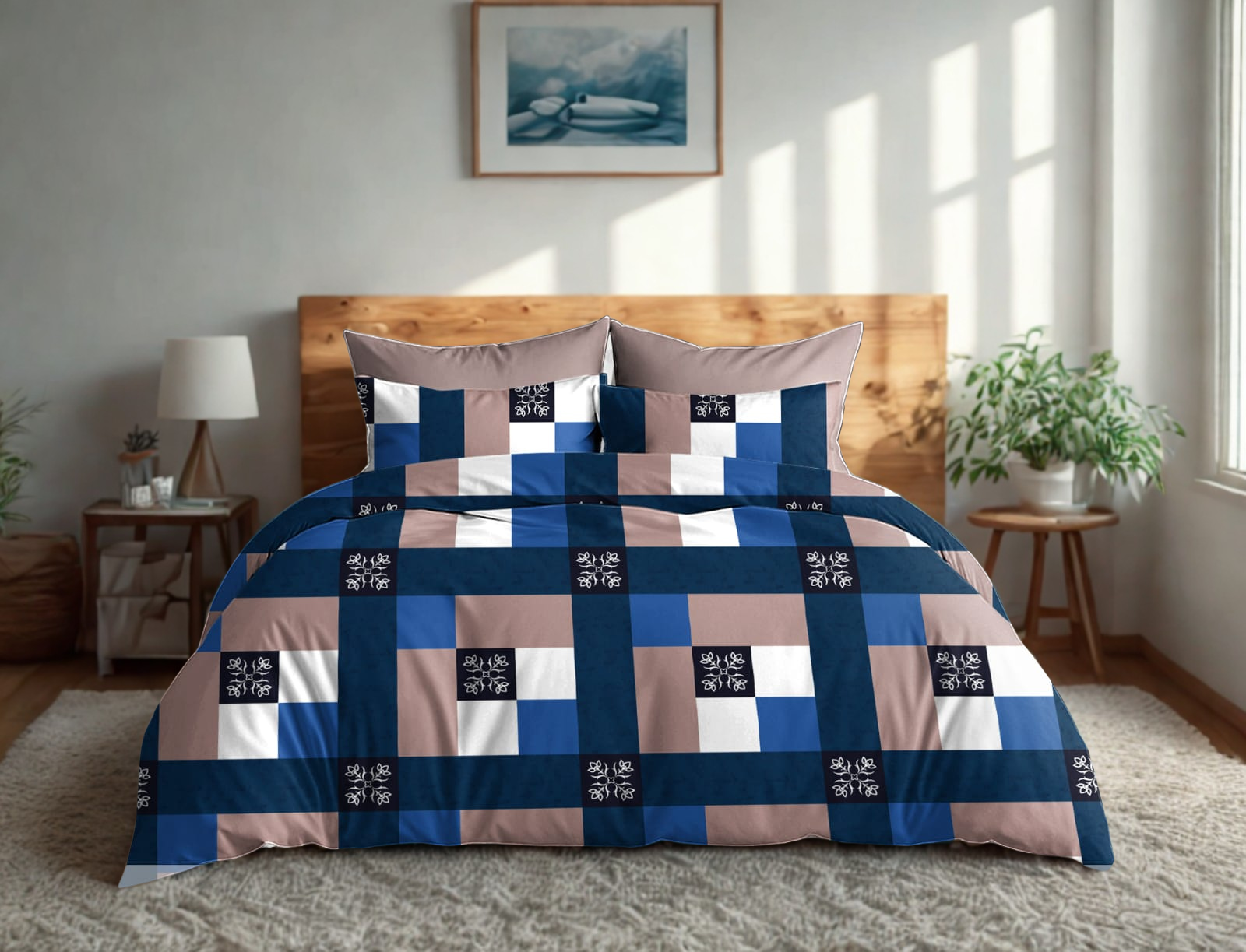 Classic Collection 144 TC Double Bedsheet | Navy Squares