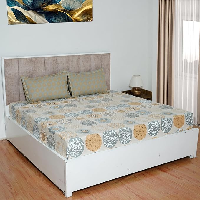 Posh Collection  220 TC Fitted King Bedsheet with 2 Pillow Covers | Sun Circles