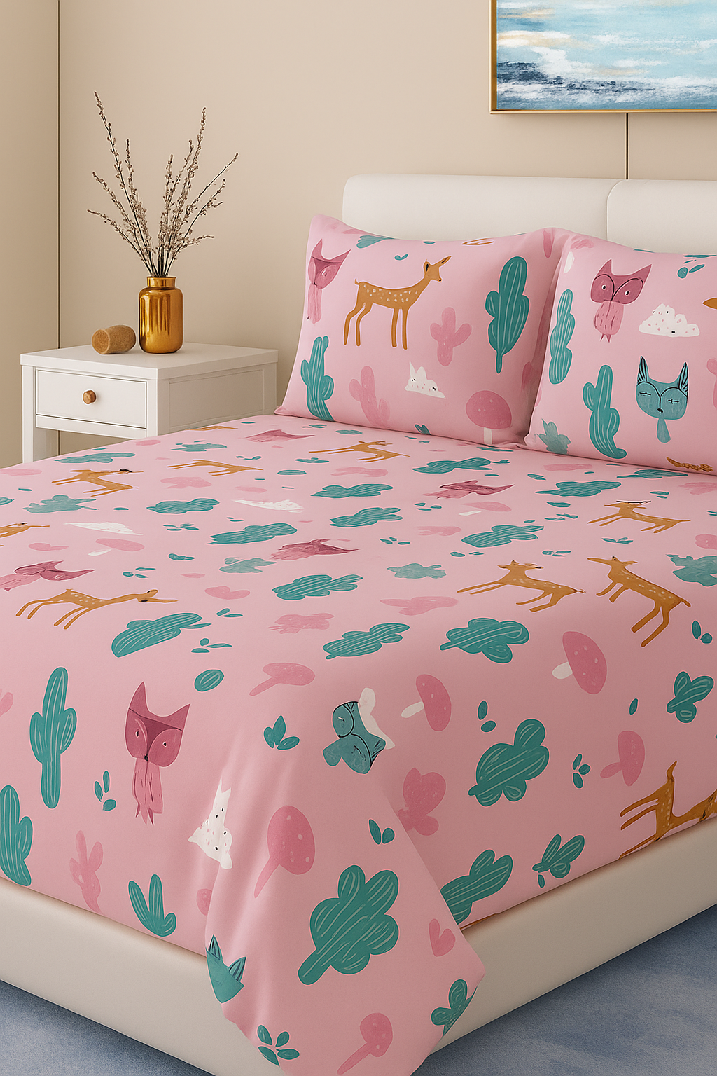 Kidzee Collection 180 TC Flat Queen Bedsheet with 2 Pillow Covers | Pink