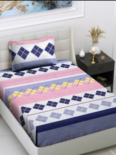 Rome Collection  220 TC  Fitted Single Bedsheet with 1 Pillow Cover | Pink Ble Diamond