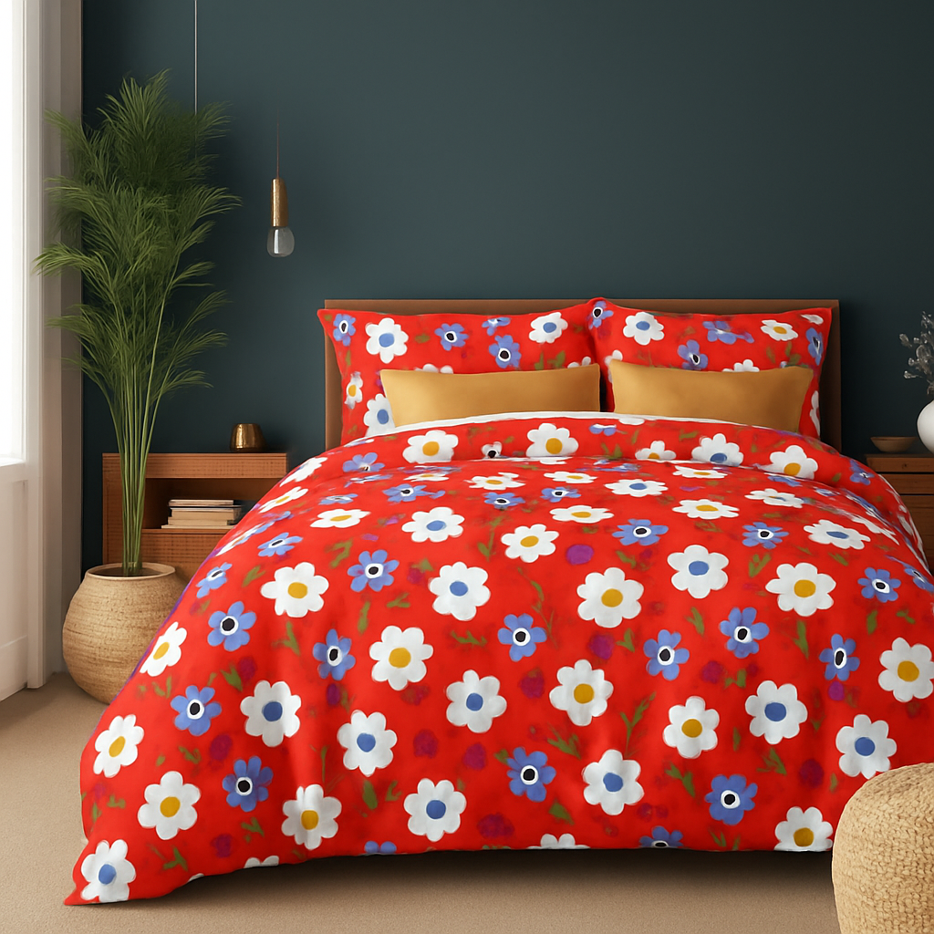 Duke Collection Cotton Blend Double Bedsheet with 2 Pillow Cover | Red Flowers
