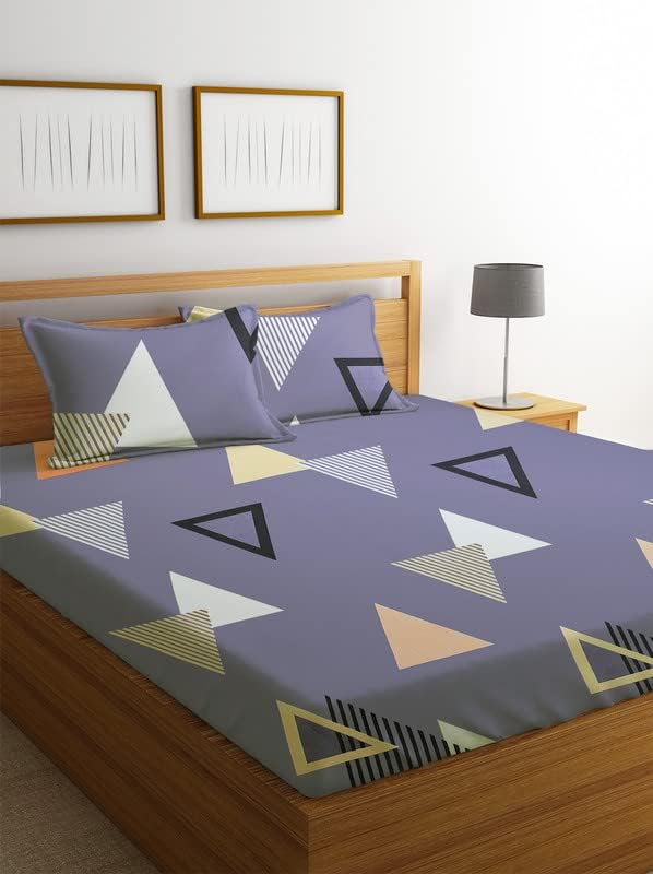 Classic Collection Flat Double Bedsheet with 2 Pillow Cover | Purple Triangles
