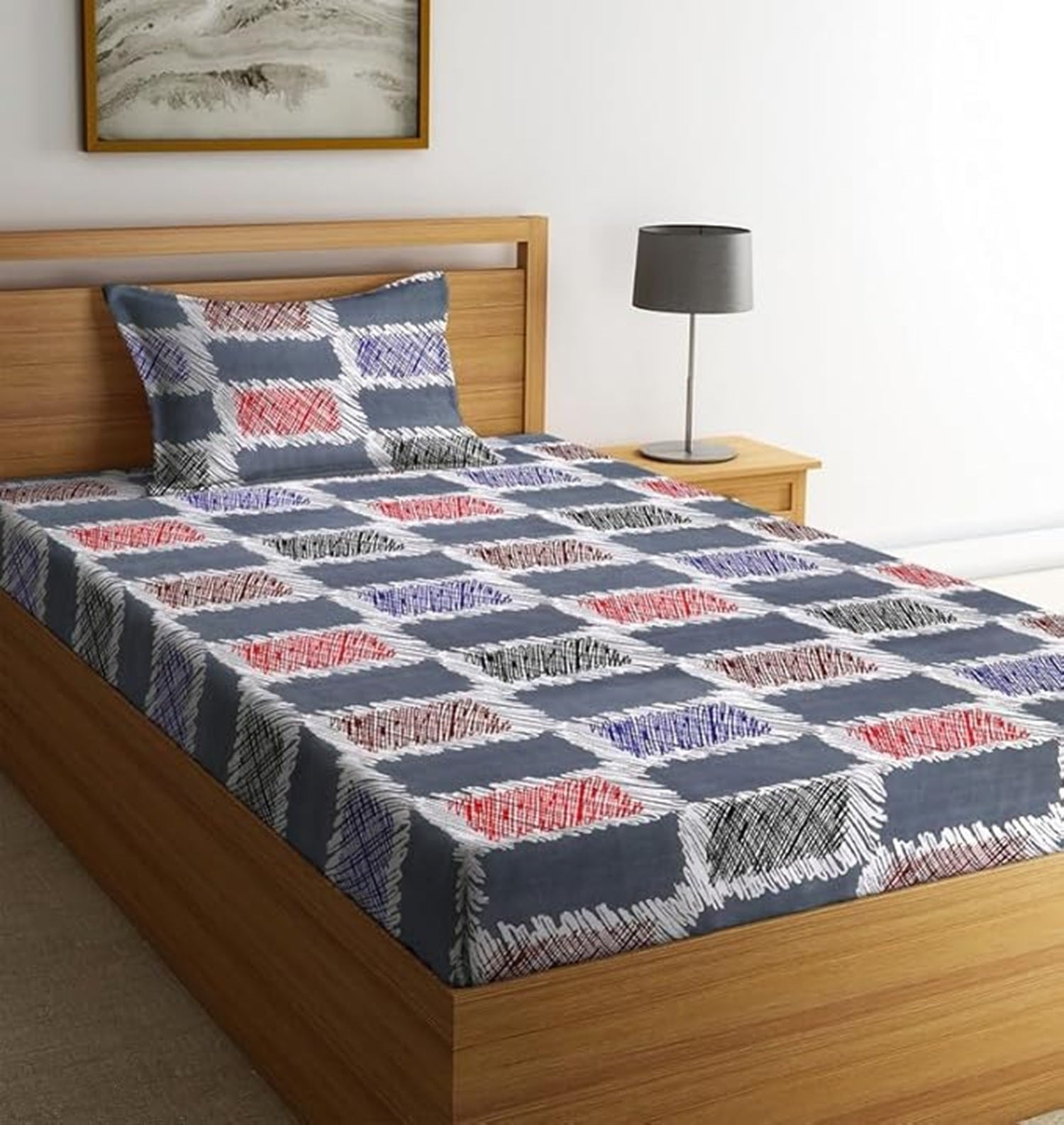 Fantasy Collection 180 TC  Fitted Single Bedsheet with 1 Pillow Cover | Grey Check