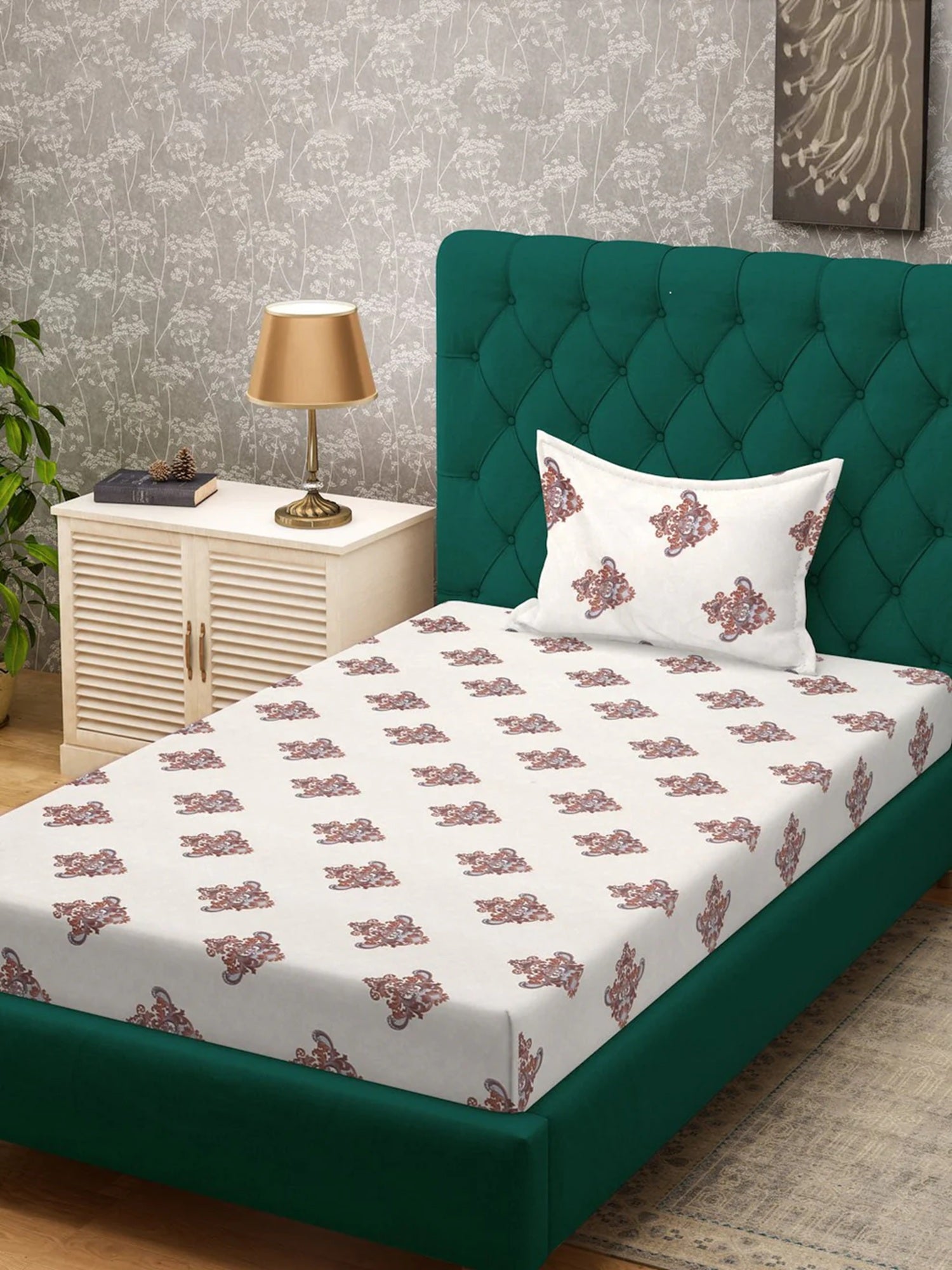 Rome Collection 220 TC Fitted Single Bedsheet with 1 Pillow Cover | Beige Trophy
