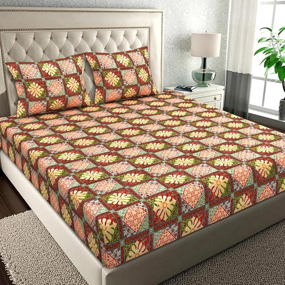 Classic Collection Flat Double Bedsheet with 2 Pillow Cover | Maroon Motifs