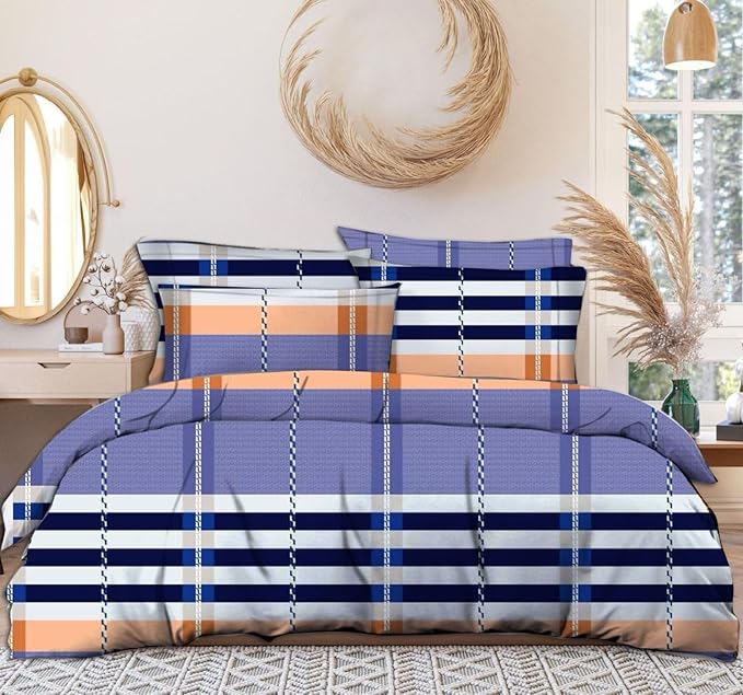 Fantasy Collection 180 TC Fitted King Bedsheet with 2 Pillow Covers | Blue Lines