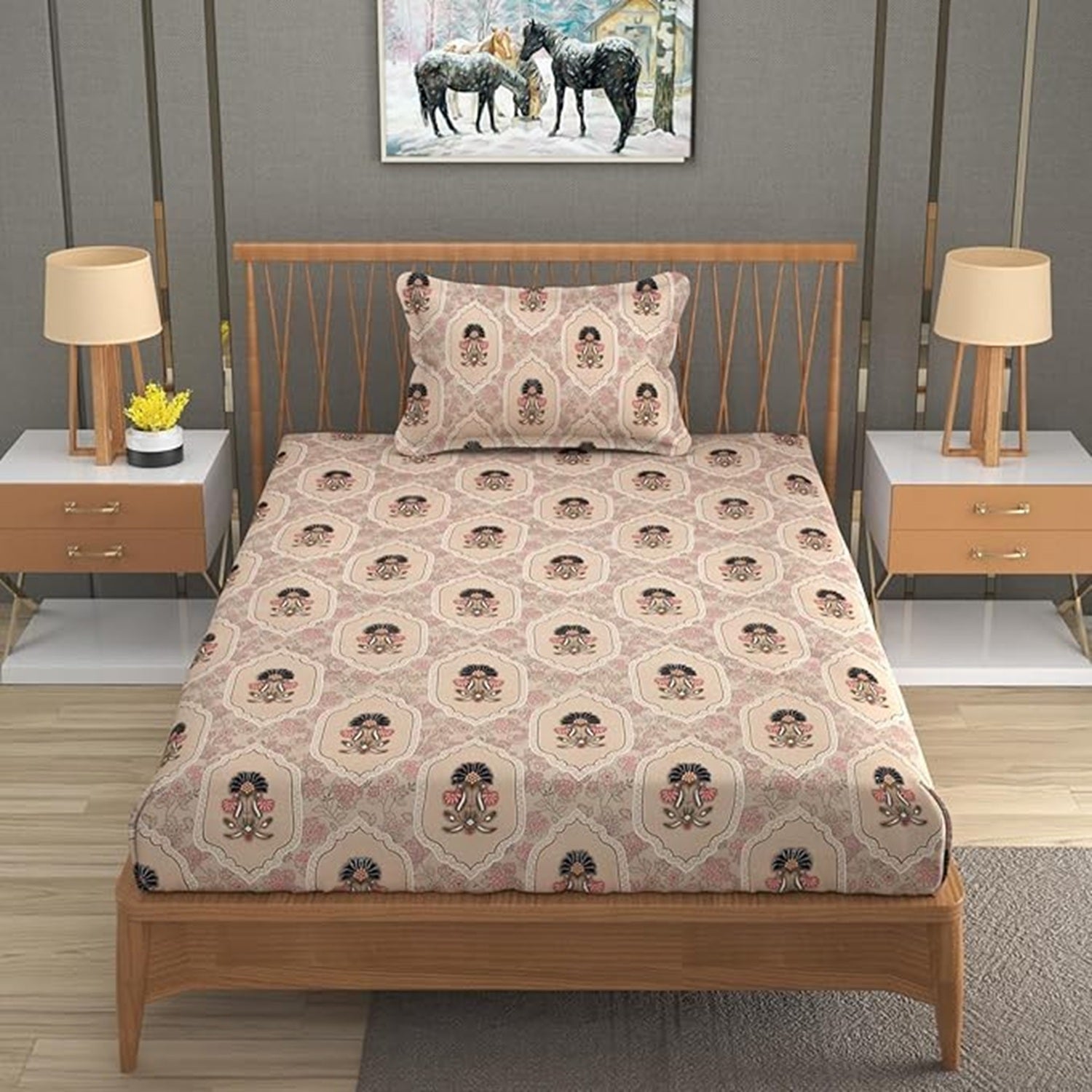 Fantasy Collection 180 TC Fitted Single Bedsheet with 1 Pillow Cover | Baby Pink Flower
