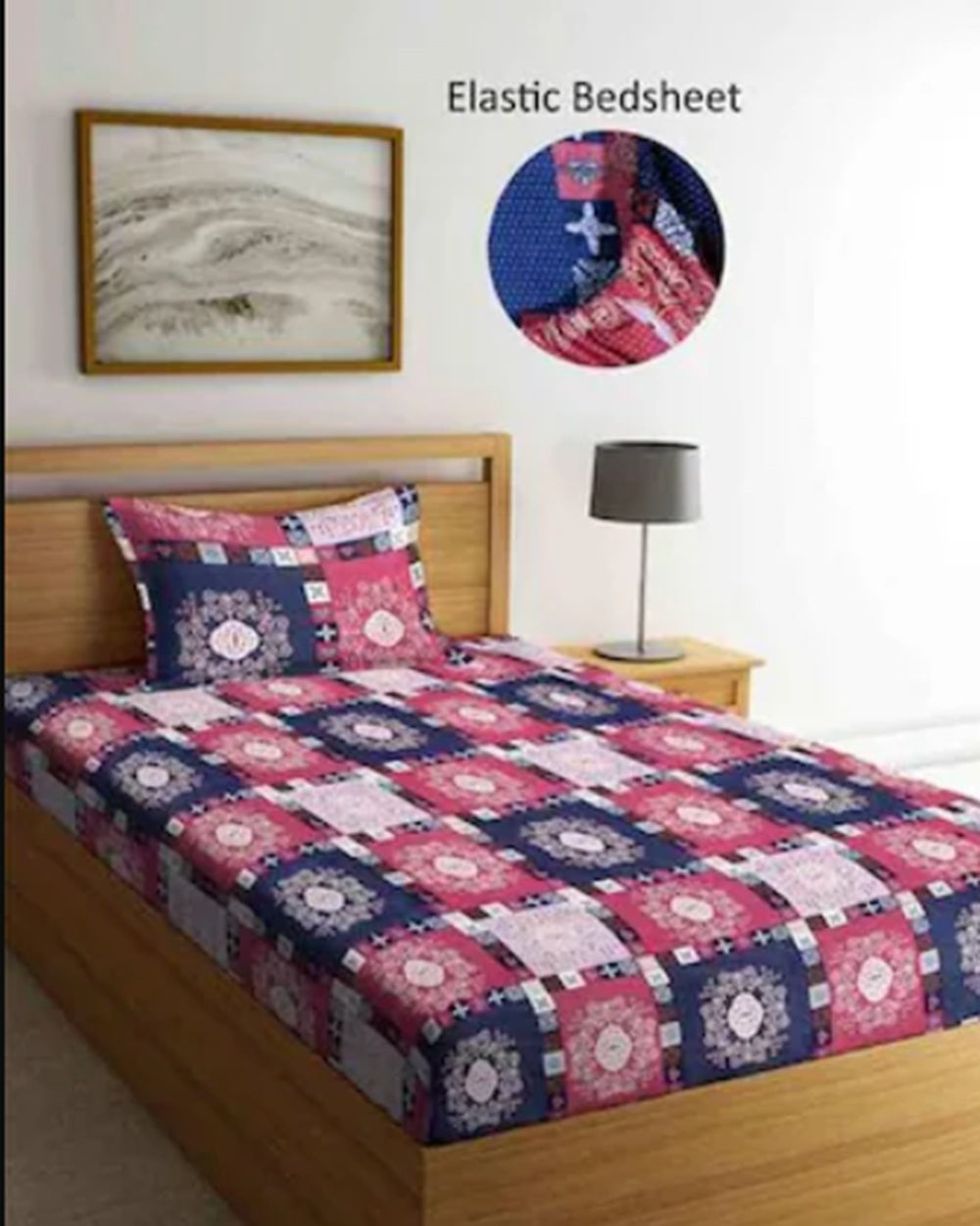 Fantasy Collection 180 TC Fitted Single Bedsheet with 1 Pillow Cover | Red Blue Squares