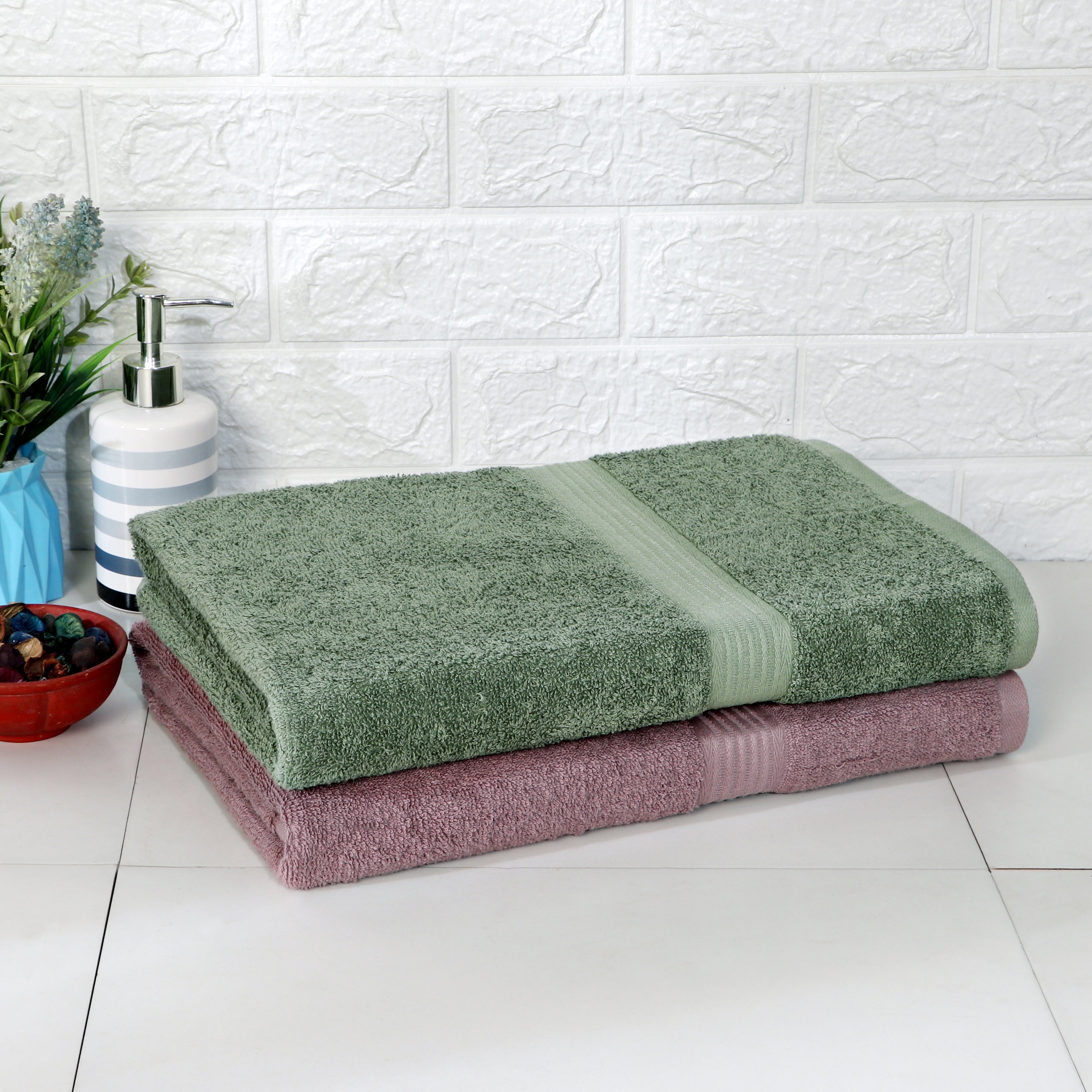 Rise N Shine 100% Cotton Towels | Large Size | Towel Set of 2 | Olive Green - Rose Gold