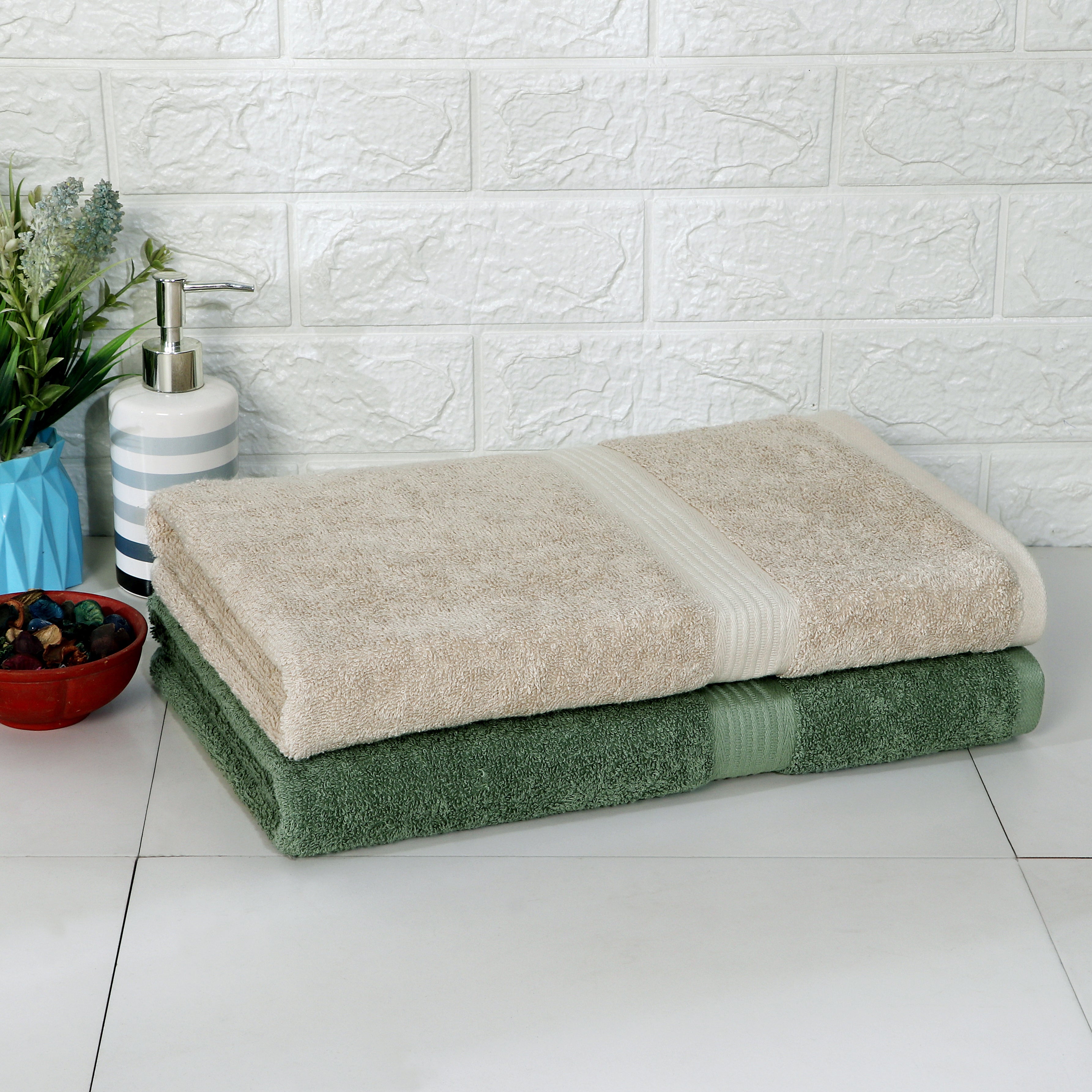 Rise N Shine 100% Cotton Towels | Large Size | Towel Set of 2 | Beige - Olive Green