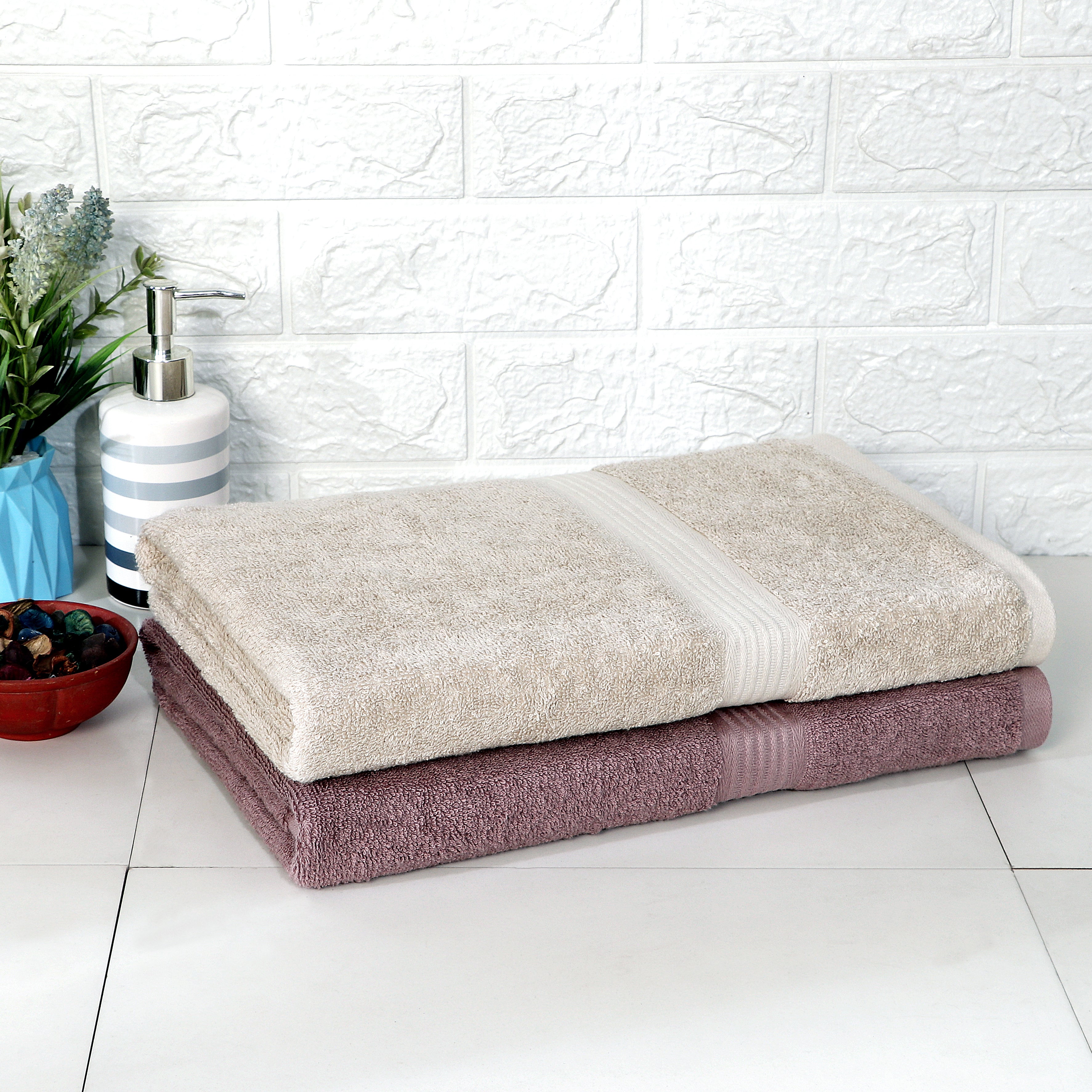 Rise N Shine 100% Cotton Towels | Large Size | Towel Set of 2 | Beige - Rose Gold