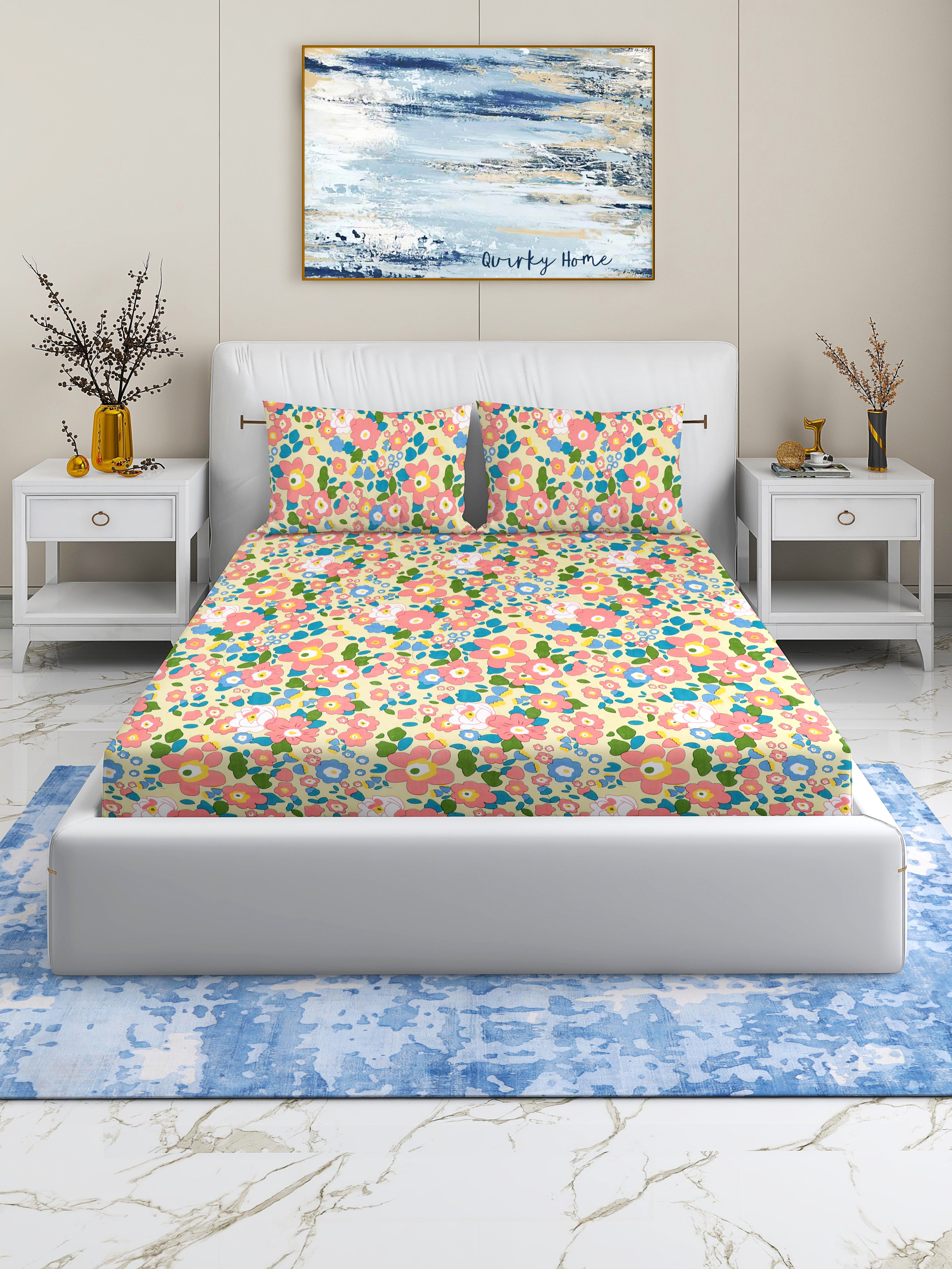 Coral Collection Fitted Double Bedsheet with 2 Pillow Cover | Yellow Floral