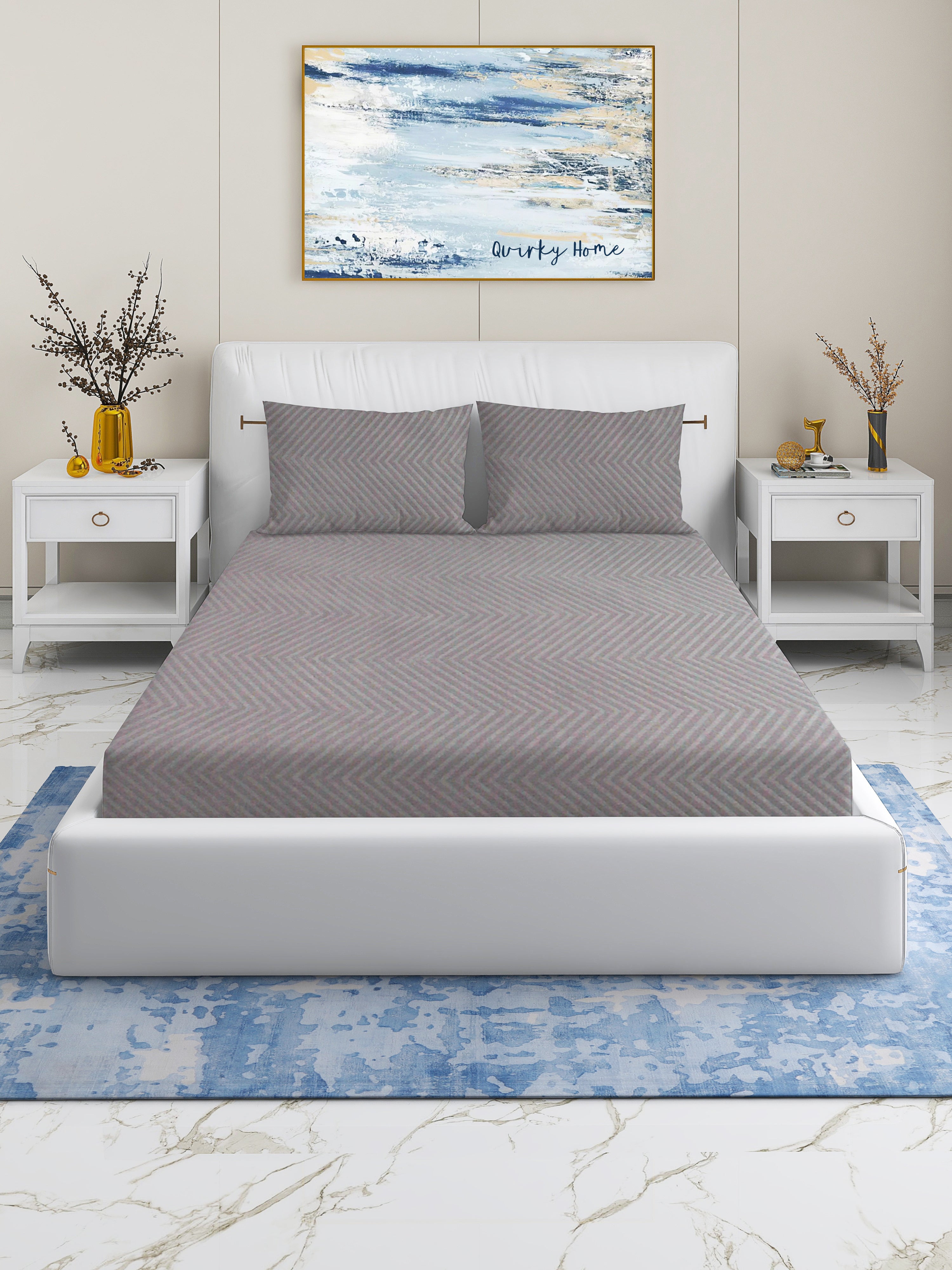 Embossa Collection 240 TC King Bedsheet with 2 Pillow Covers | Grey ZigZag