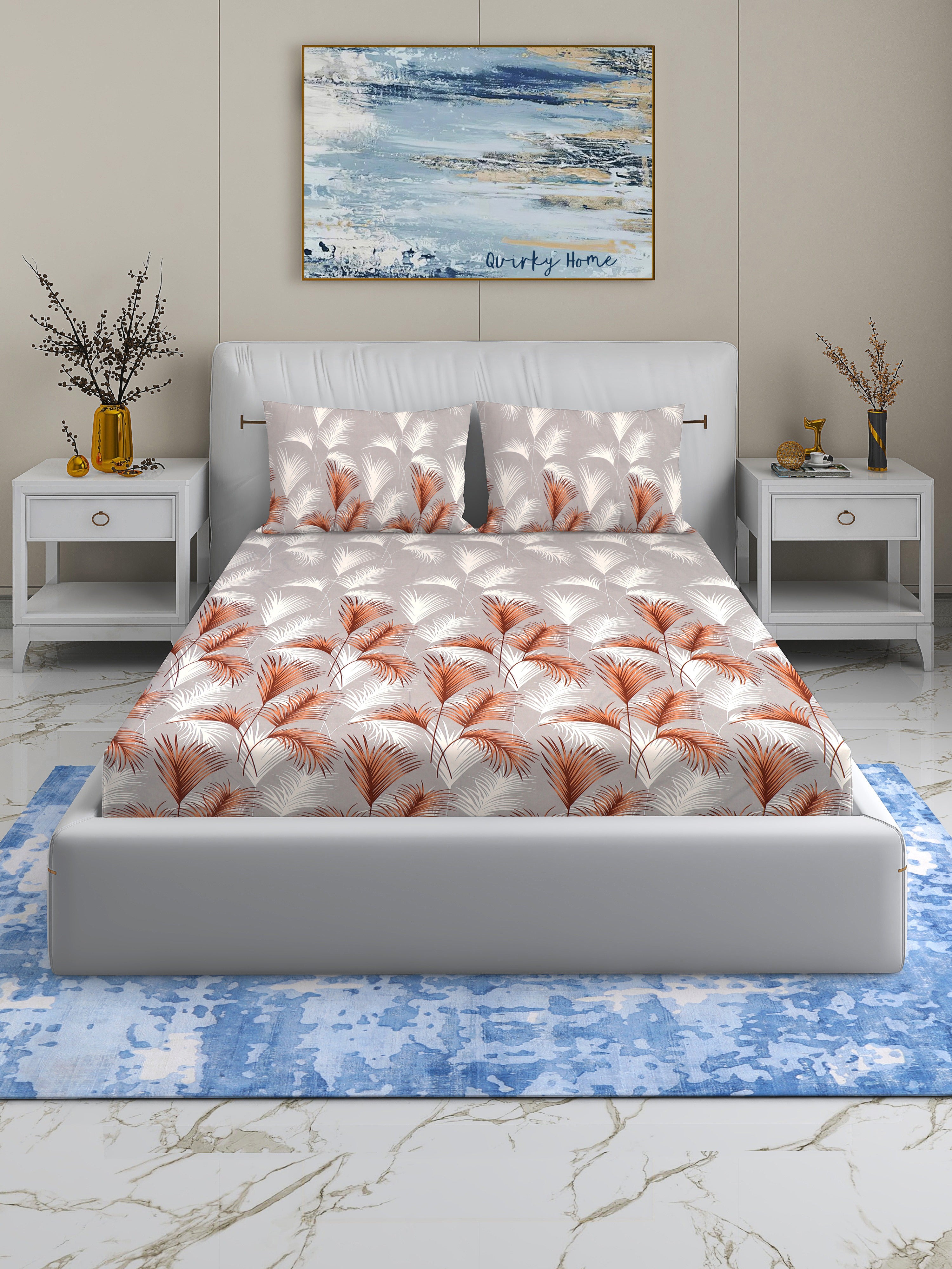 Fantasy Collection 180 TC Flat King Bedsheet with 2 Pillow Covers | Brown Leaf
