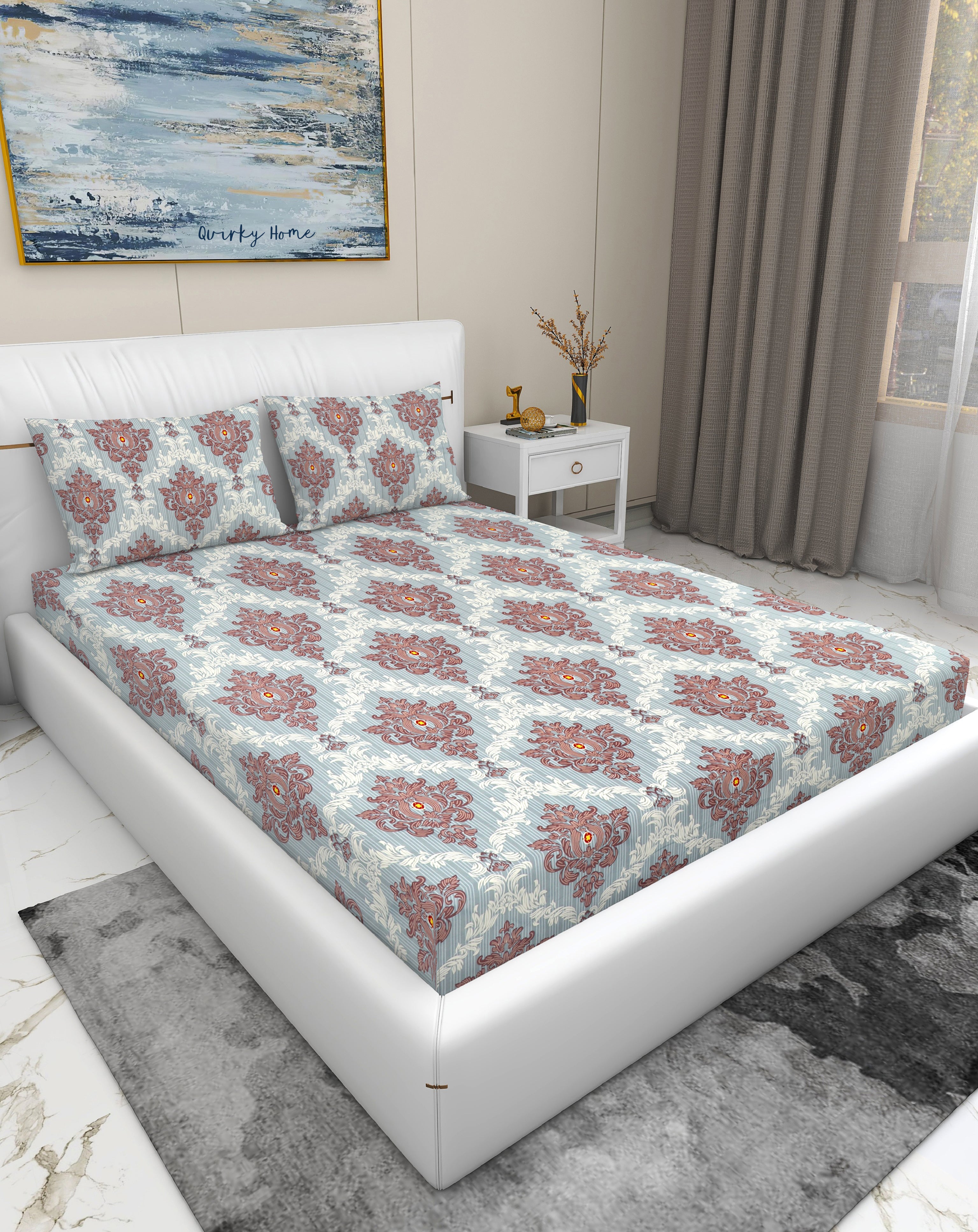 Fantasy Collection 180 TC Flat King Bedsheet with 2 Pillow Covers | Grey Trophy
