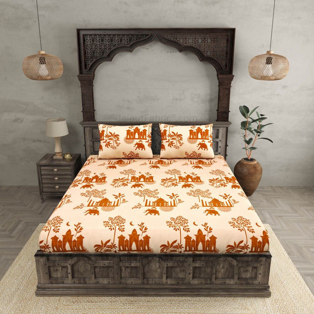 Fantasy Collection 180 TC Fitted King Bedsheet with 2 Pillow Covers | Jaipuri Elephant