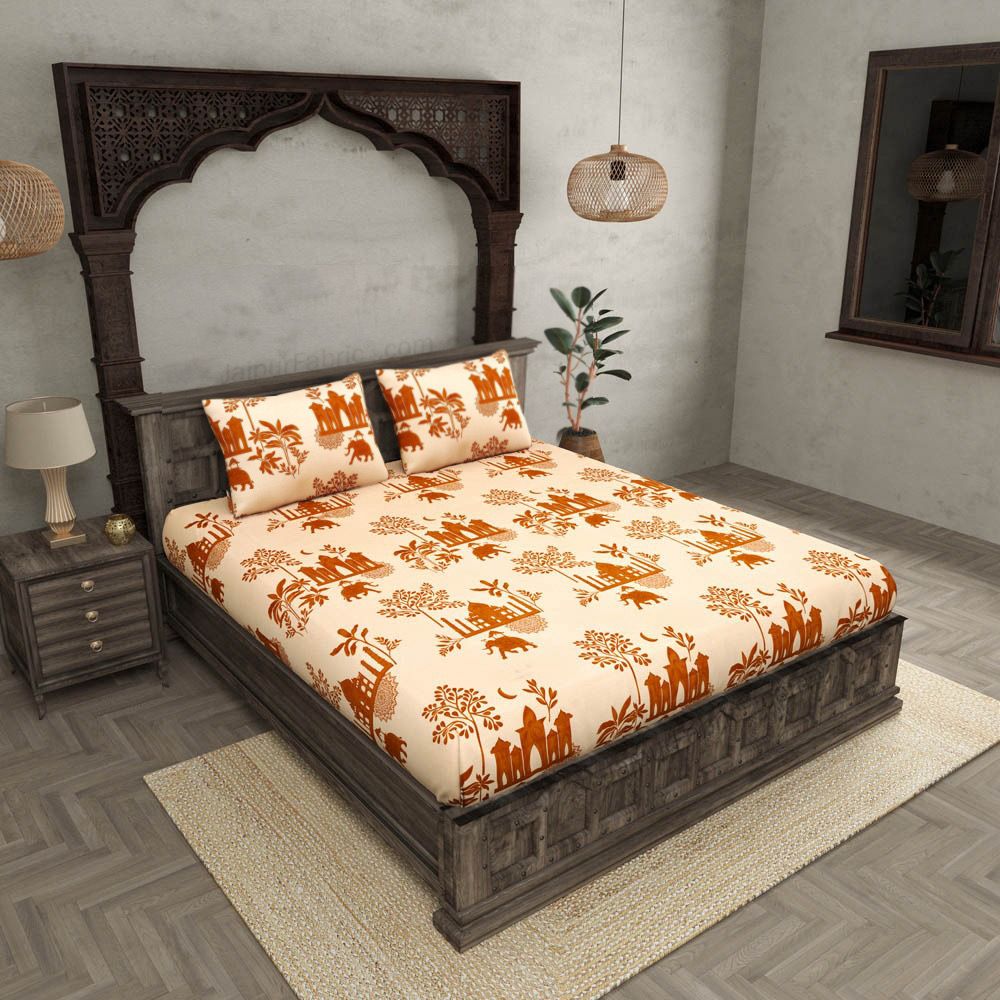 Fantasy Collection 180 TC Fitted King Bedsheet with 2 Pillow Covers | Jaipuri Elephant