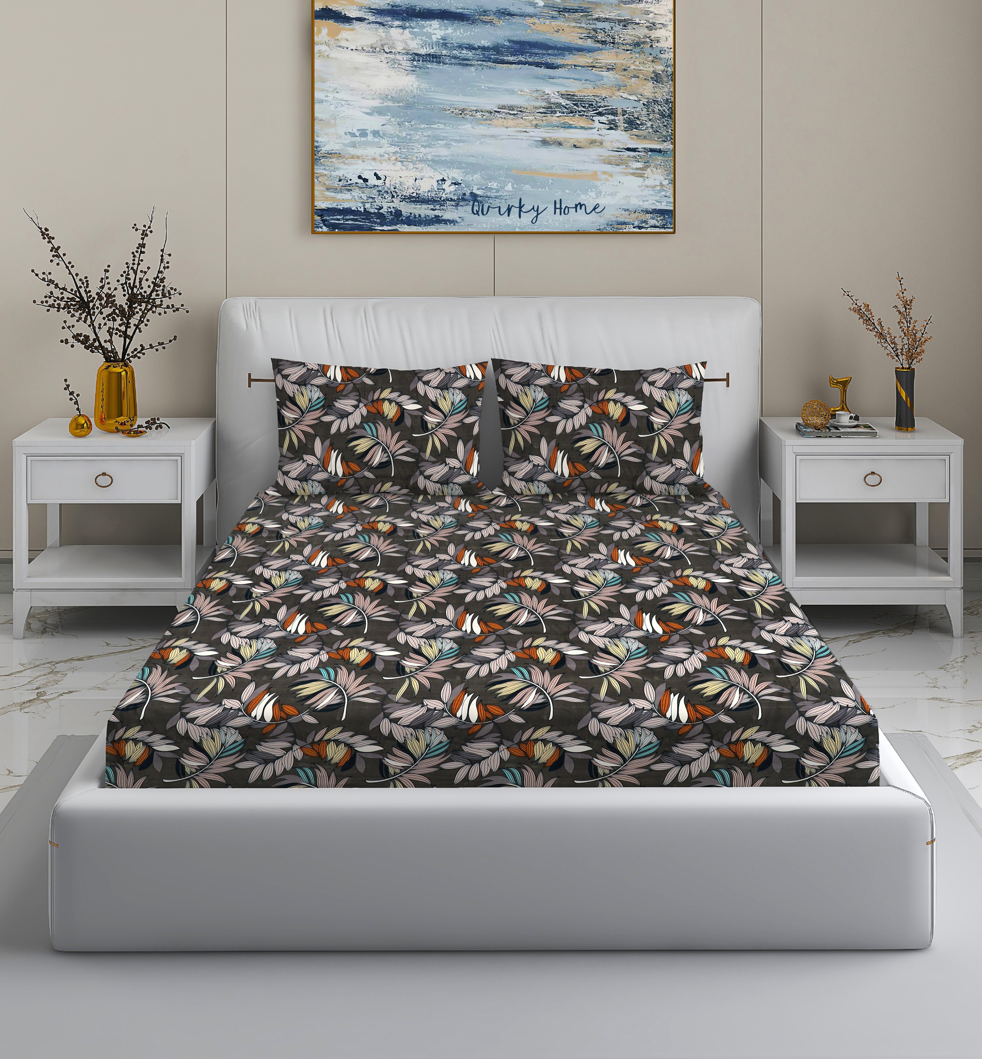 Fantasy Collection 180 TC Flat Queen Bedsheet with 2 Pillow Covers | Black Floral