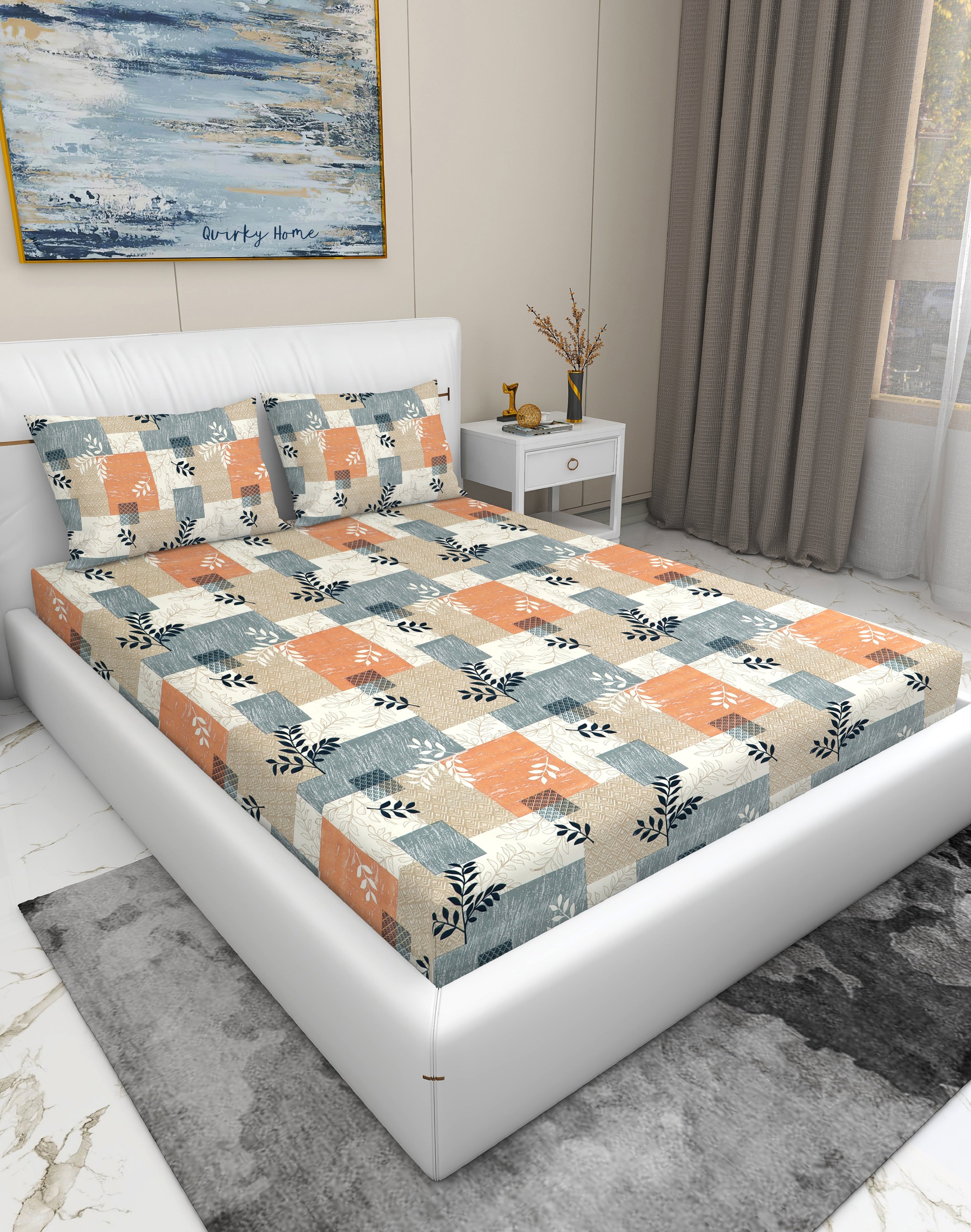 Fantasy Collection 180 TC Flat Queen Bedsheet with 2 Pillow Covers | Multi Squares