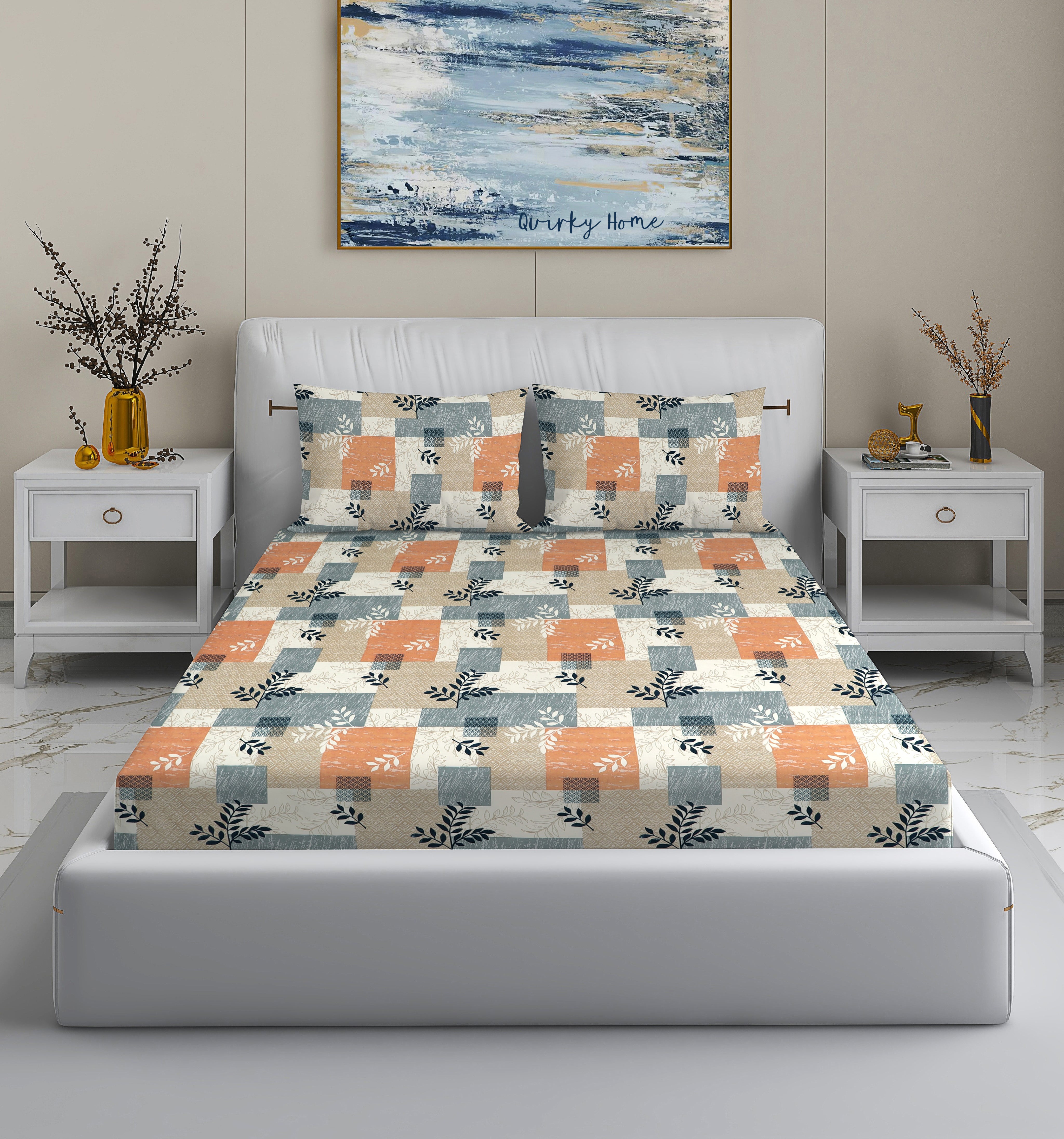 Fantasy Collection 180 TC Flat Queen Bedsheet with 2 Pillow Covers | Multi Squares