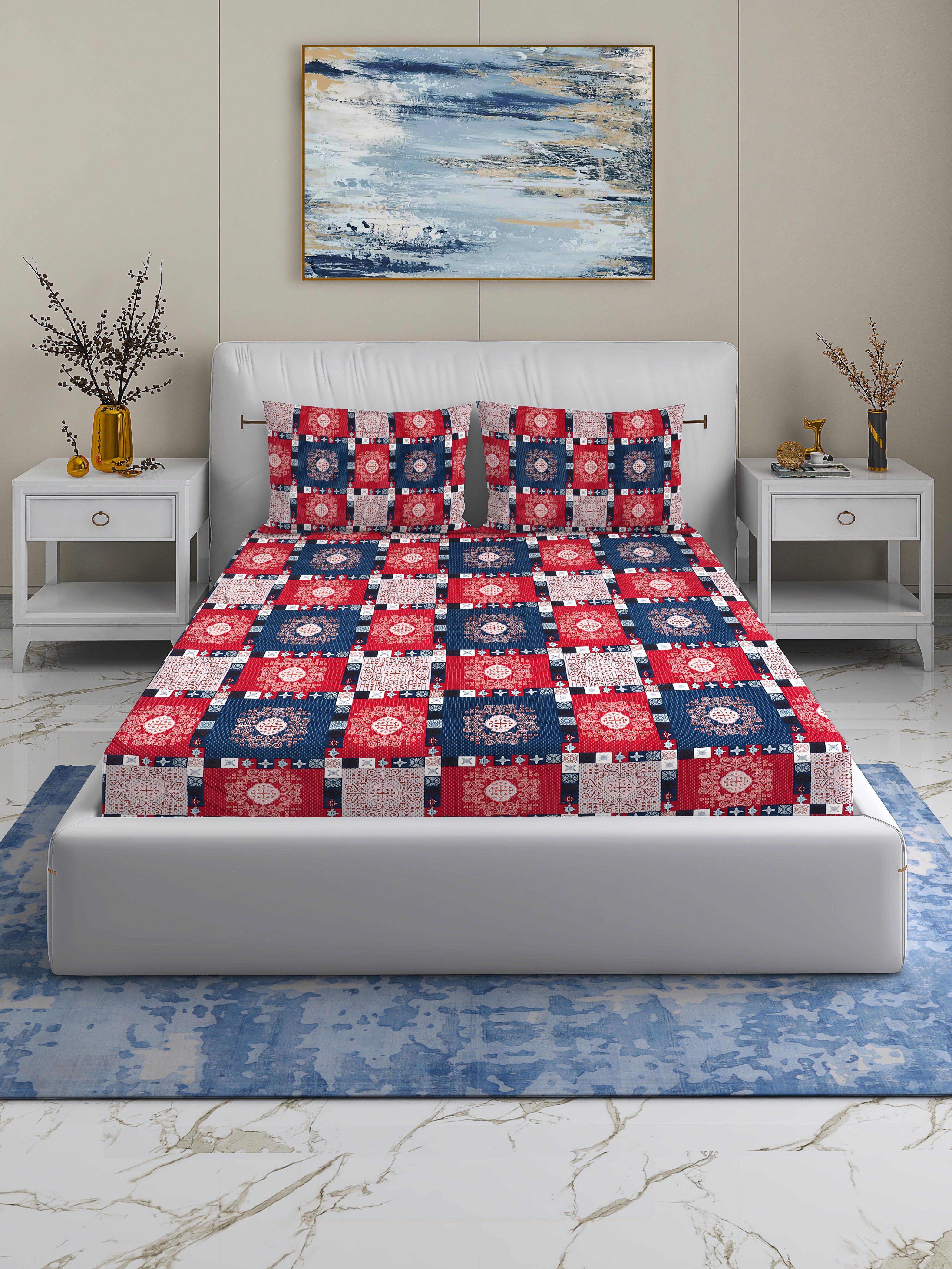 Fantasy Collection 180 TC Fitted Queen Bedsheet with 2 Pillow Covers | Red Blue Squares