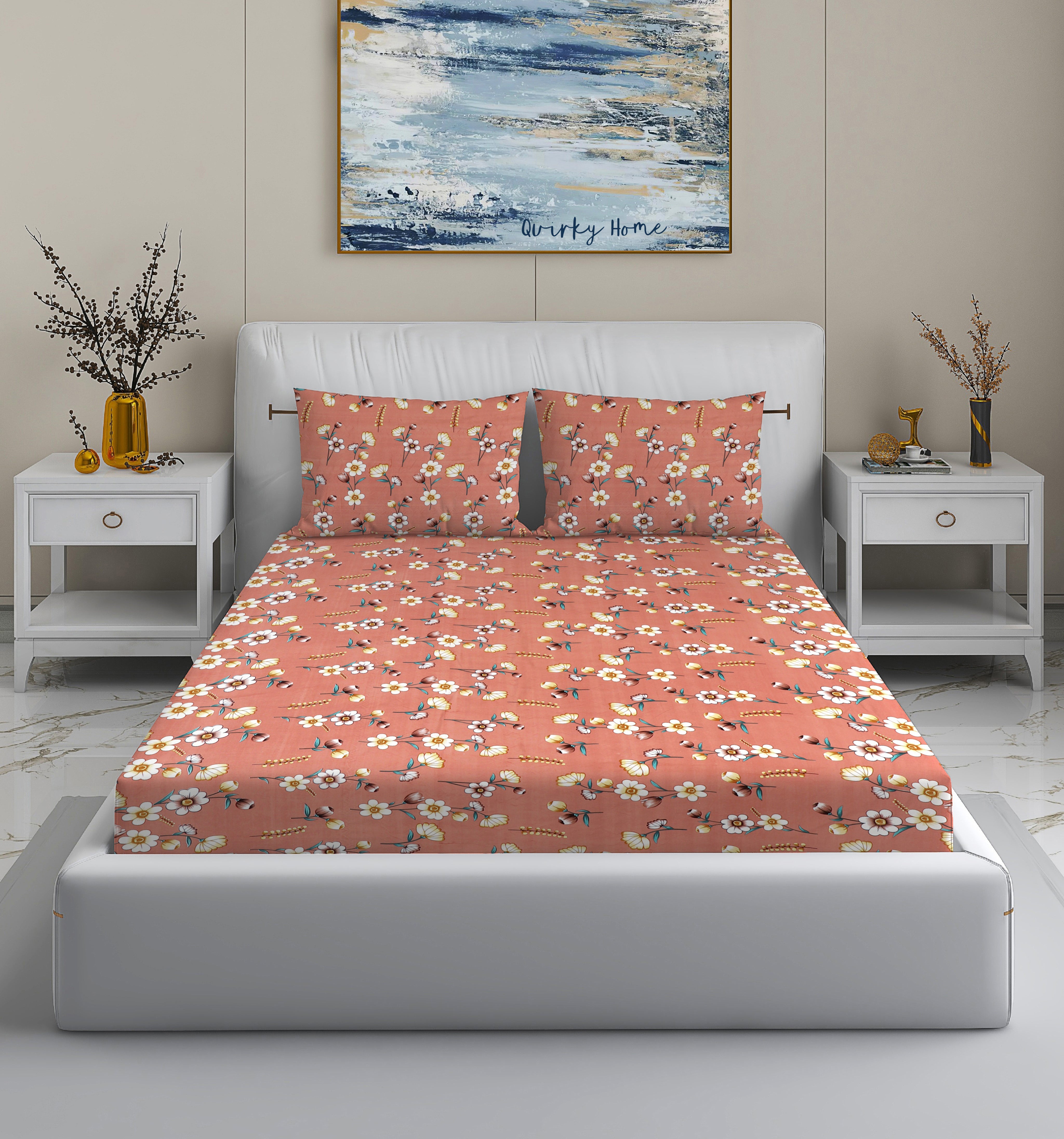 Fantasy Collection 180 TC Fitted Queen Bedsheet with 2 Pillow Covers | Pink Floral