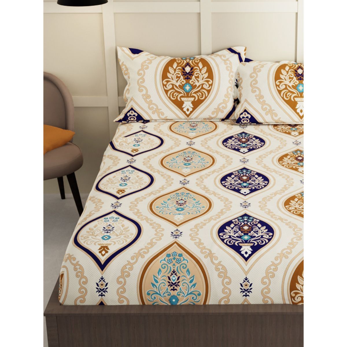 Fantasy Collection 180 TC Fitted Queen Bedsheet with 2 Pillow Covers | Ivory Floral