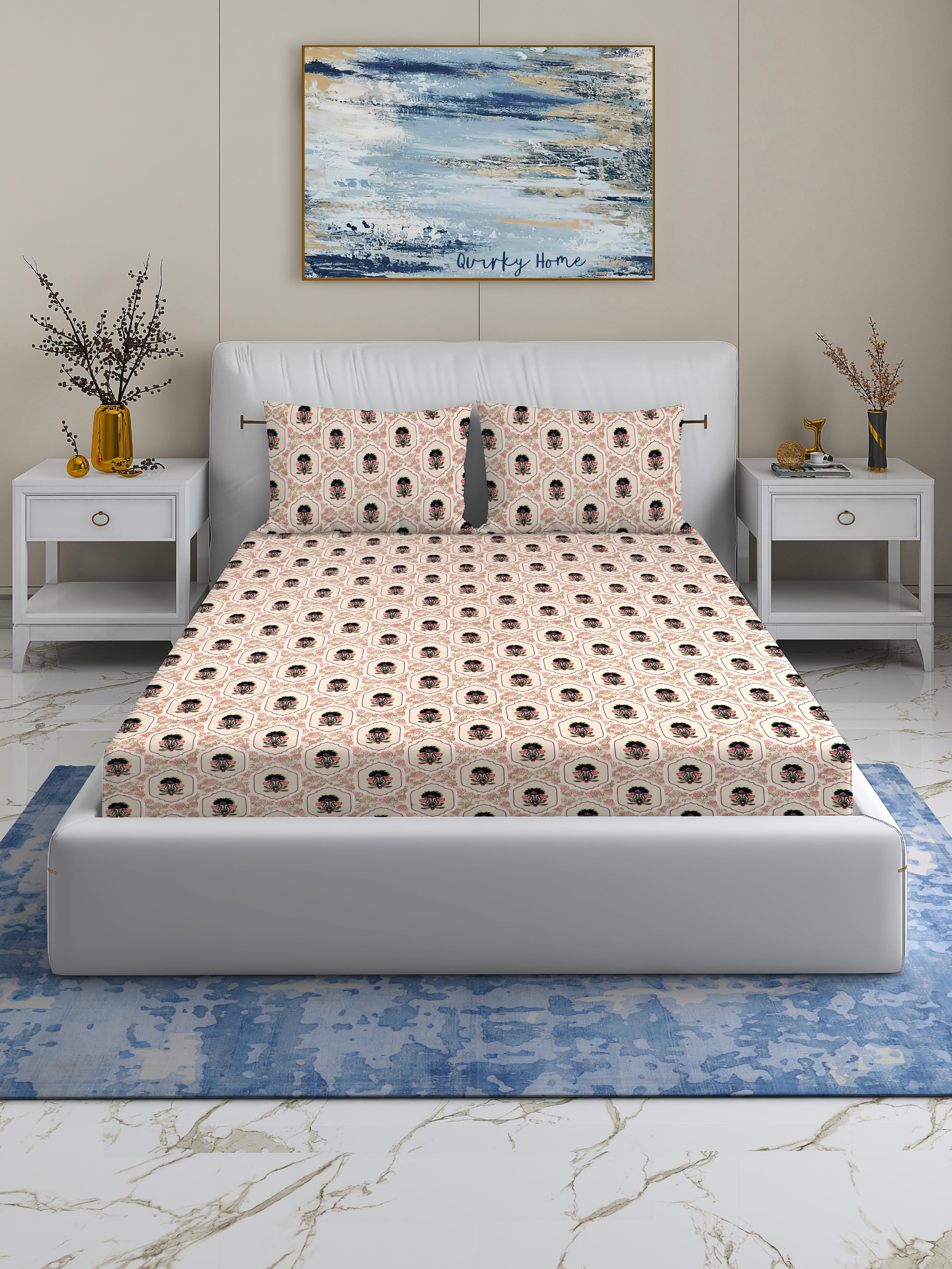 Fantasy Collection 180 TC Fitted Queen Bedsheet with 2 Pillow Covers | Baby Pink Flower
