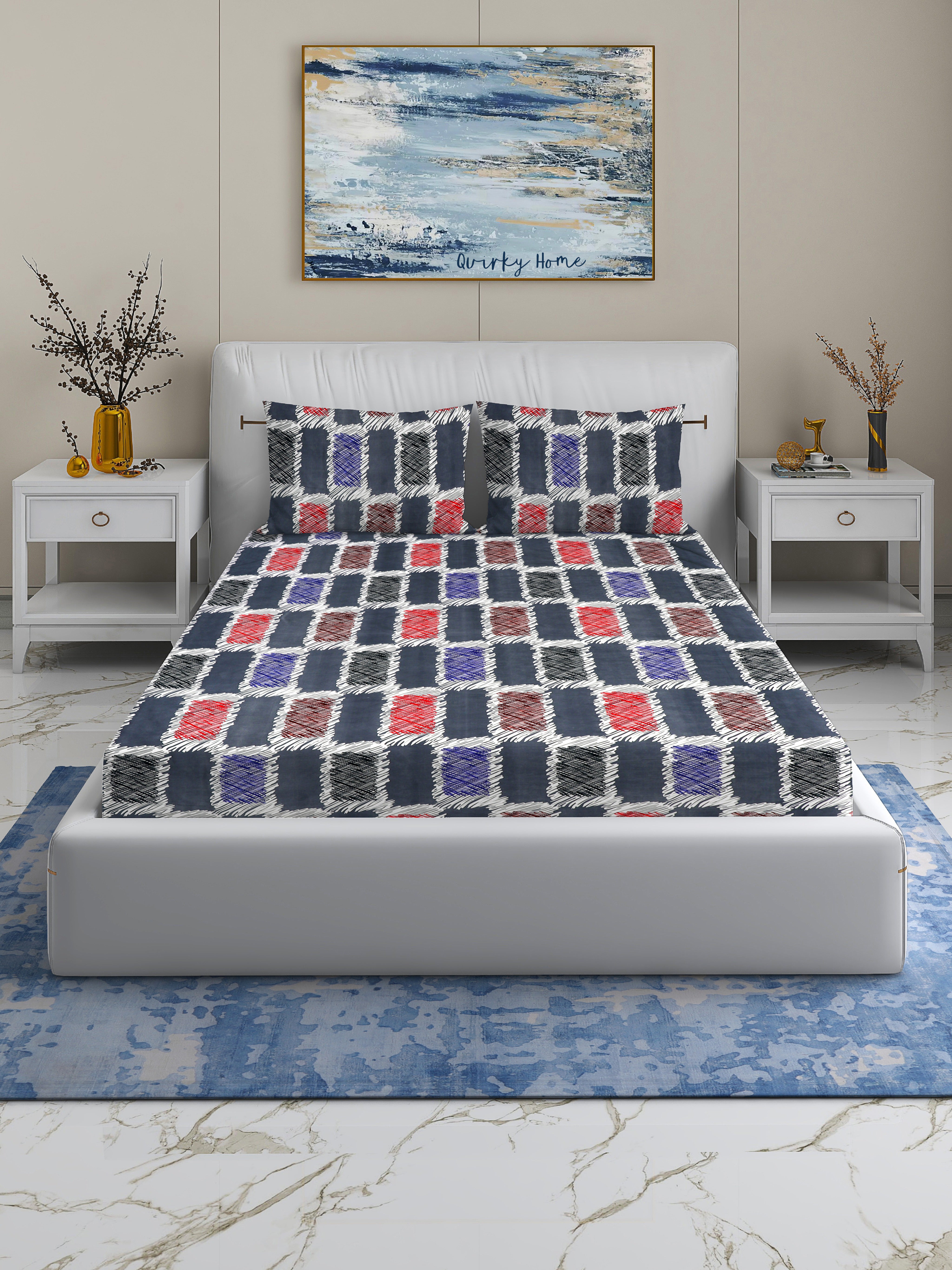 Fantasy Collection 180 TC Fitted Queen Bedsheet with 2 Pillow Covers | Grey Check