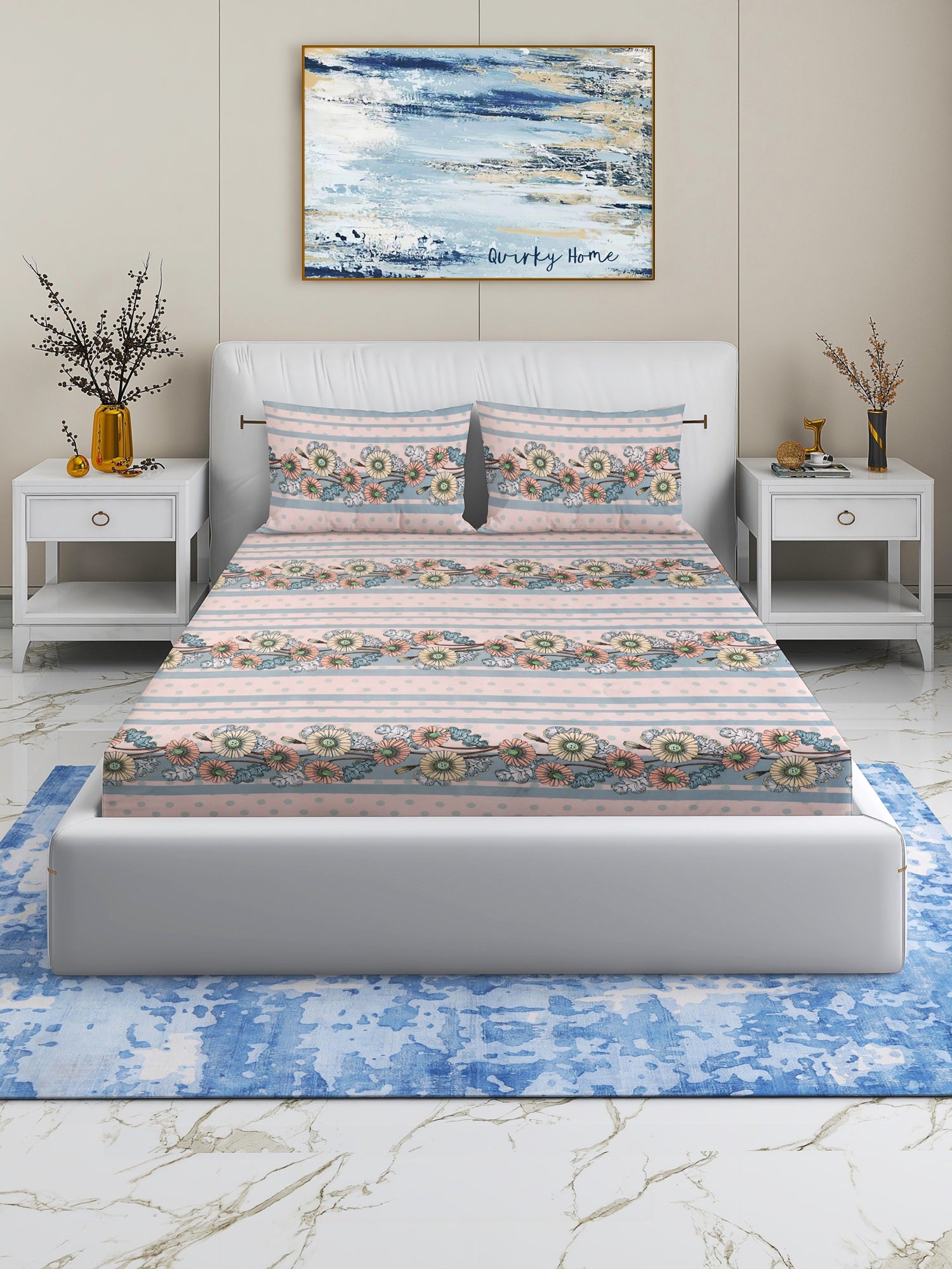 Rome Collection 220 TC Queen Bedsheet with 2 Pillow Covers | Pink Dotted Flowers